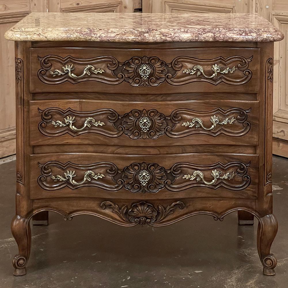 Antique Country French Louis XIV Walnut Marble Top Commode In Good Condition In Dallas, TX