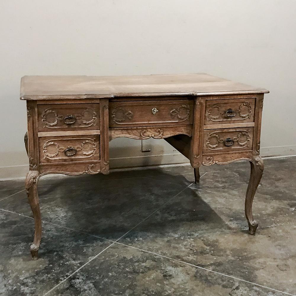 Hand-Carved Antique Country French Louis XV Stripped Oak Desk