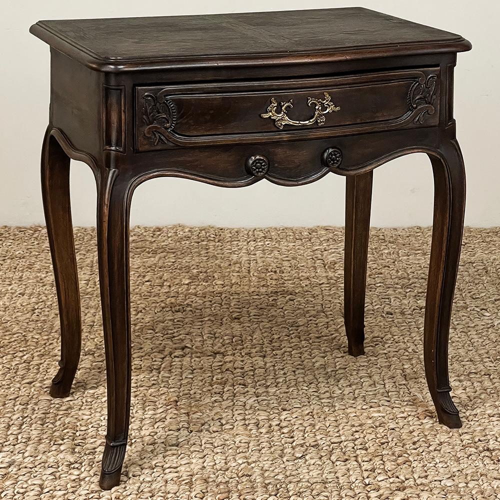 Antique Country French Louis XV Walnut Nightstand ~ End Table will make the perfect accompaniment to any seating group, reading area, wall accent, or as a bedside companion.  Crafted from fine French walnut, it features a graceful contour with a