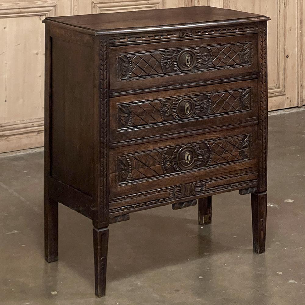 Antique Country French Louis XVI Commode ~ Chest of Drawers will make a splendid addition to any room!  The tailored architecture inspired by classic Greek and Roman designs is enhanced by the charming French carved embellishment that covers the