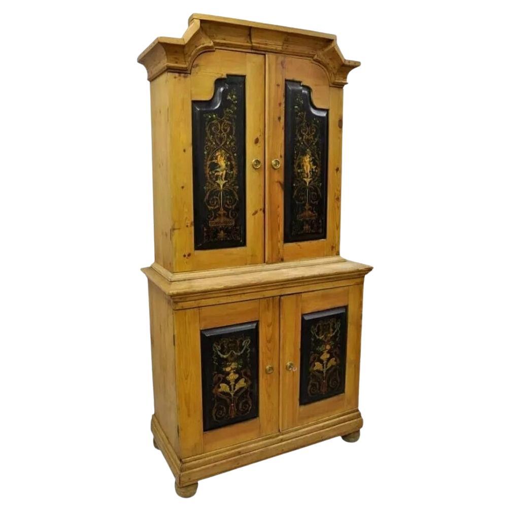 Antique Country French Neoclassical Putti Painted Pine Cupboard Cabinet Hutch