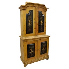 Antique Country French Neoclassical Putti Painted Pine Cupboard Cabinet Hutch