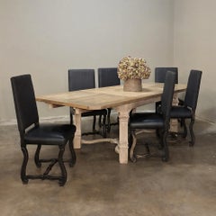 Antique Country French Neoclassical Stripped Oak Dining Table with 2 Leaves