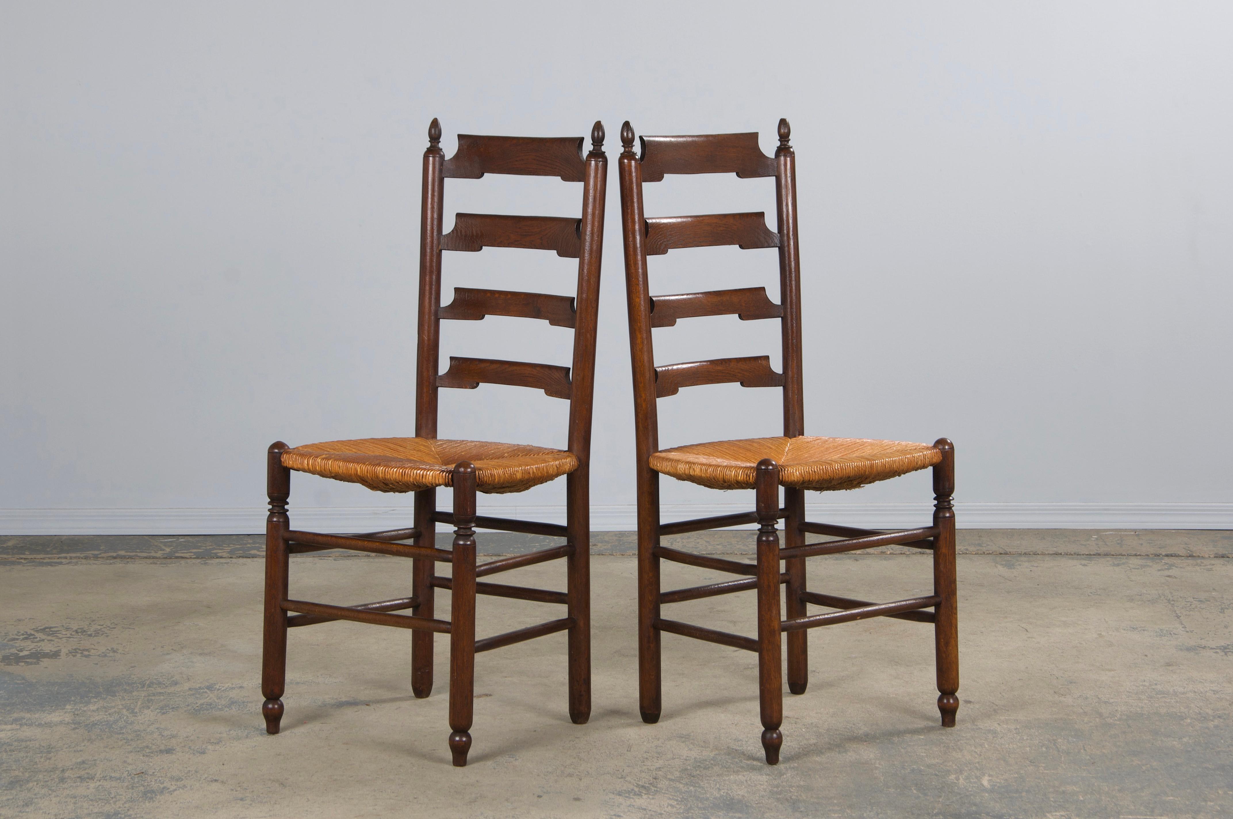 Antique Country French Oak Ladder Back Dining Chairs W/ Rush Seats - Set of 10 7