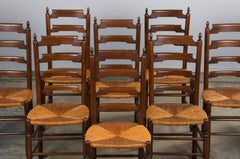 Antique Country French Oak Ladder Back Dining Chairs W/ Rush Seats - Set of 10