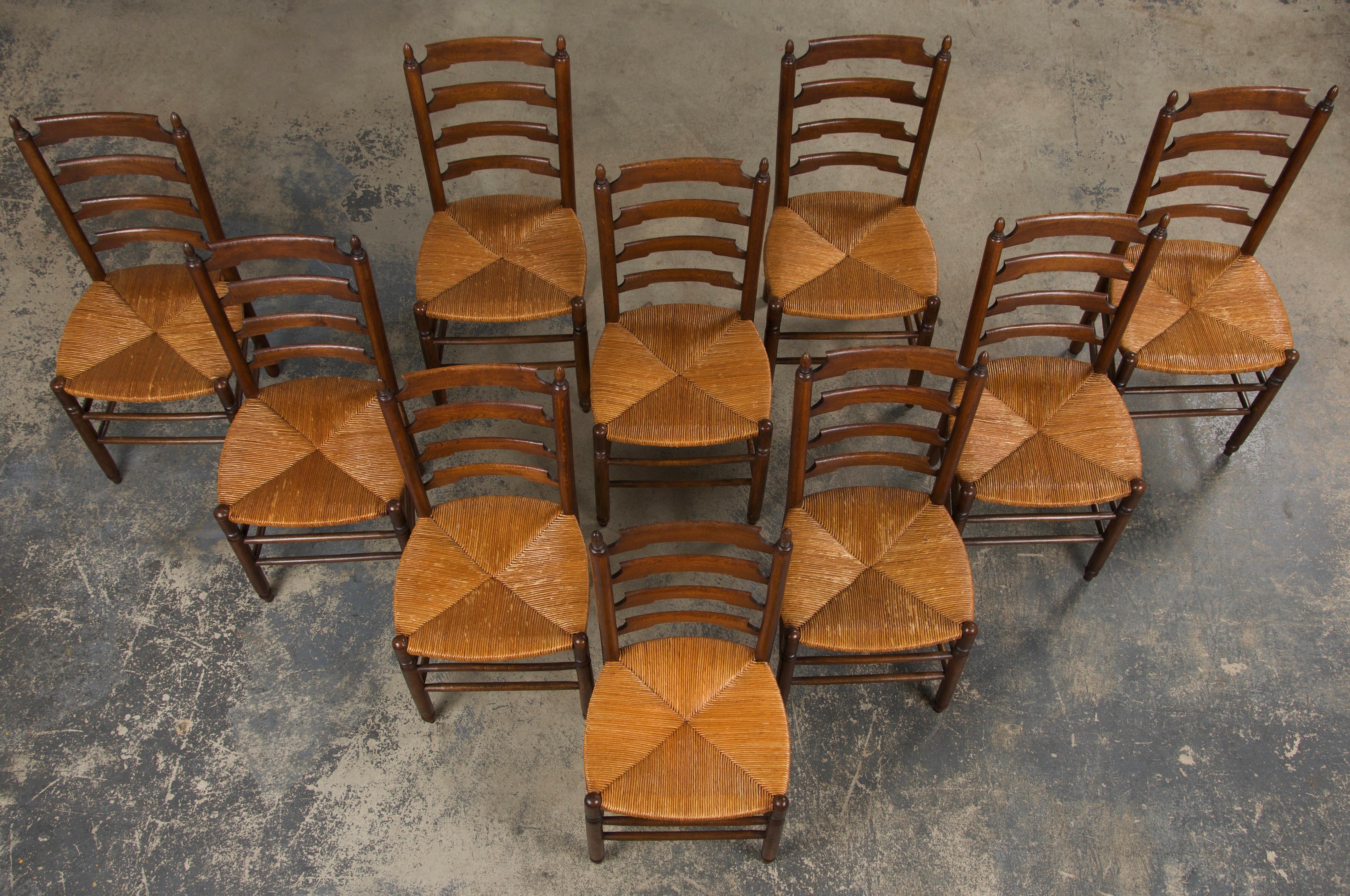 French Provincial Antique Country French Oak Ladder Back Dining Chairs W/ Rush Seats - Set of 10