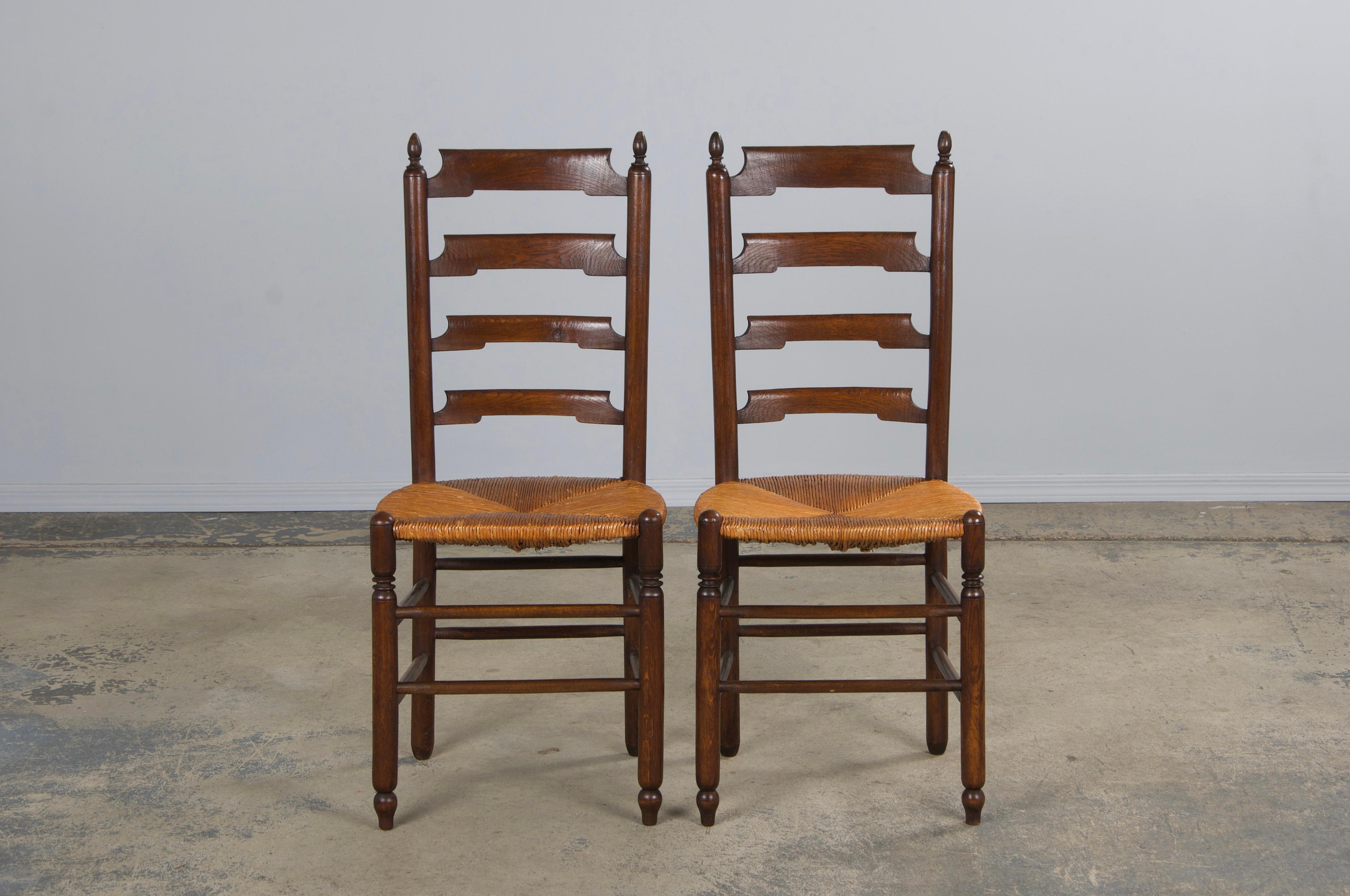 Antique Country French Oak Ladder Back Dining Chairs W/ Rush Seats - Set of 10 In Good Condition In Astoria, NY