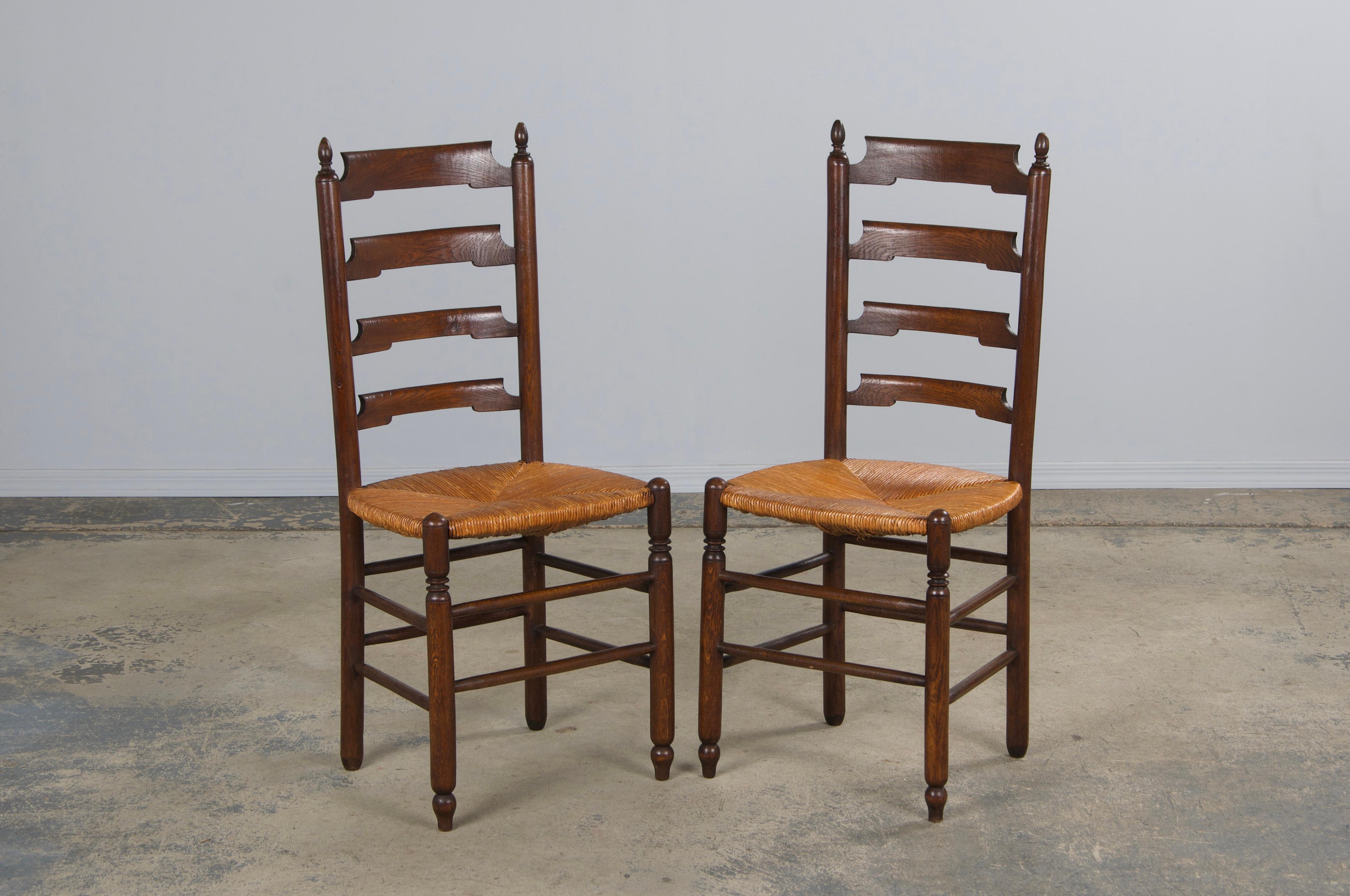 19th Century Antique Country French Oak Ladder Back Dining Chairs W/ Rush Seats - Set of 10