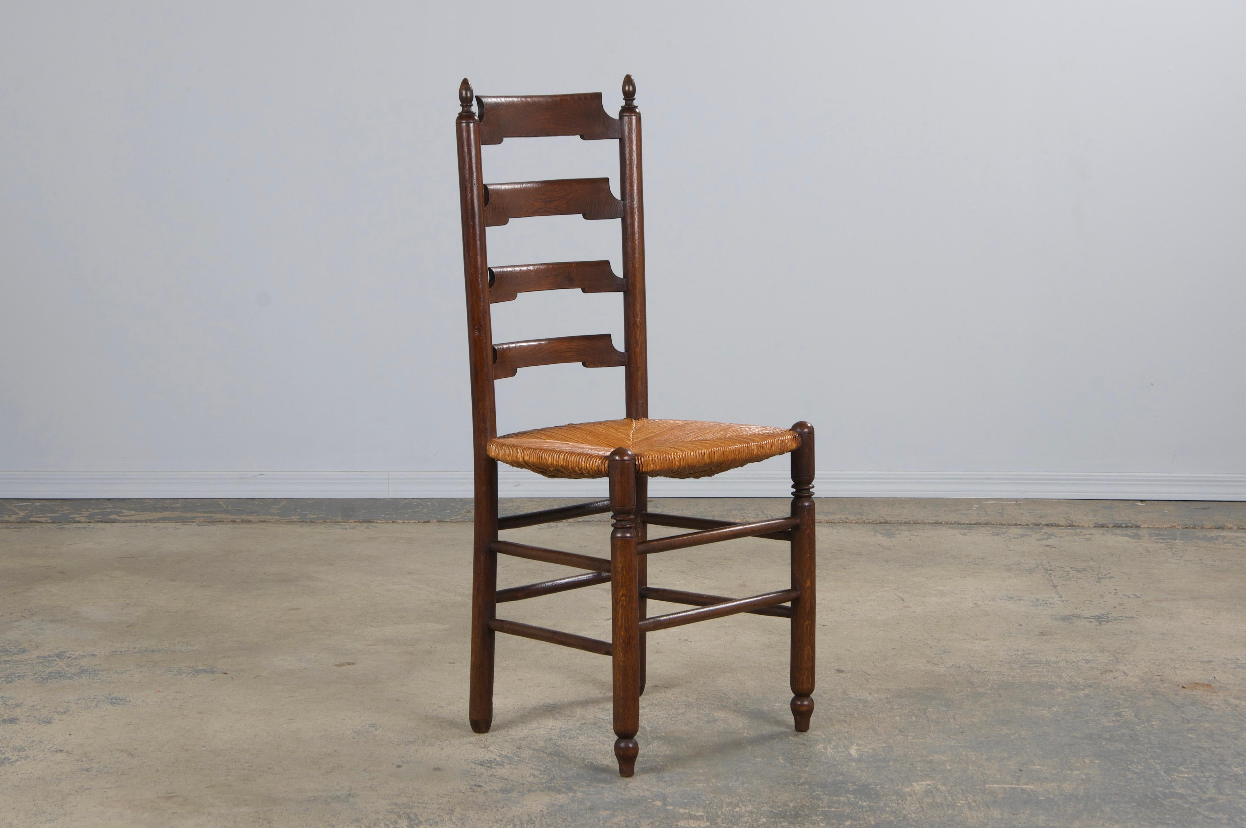 Antique Country French Oak Ladder Back Dining Chairs W/ Rush Seats - Set of 10 1