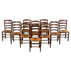 Antique Country French Oak Ladder Back Dining Chairs W/ Rush Seats - Set of 10