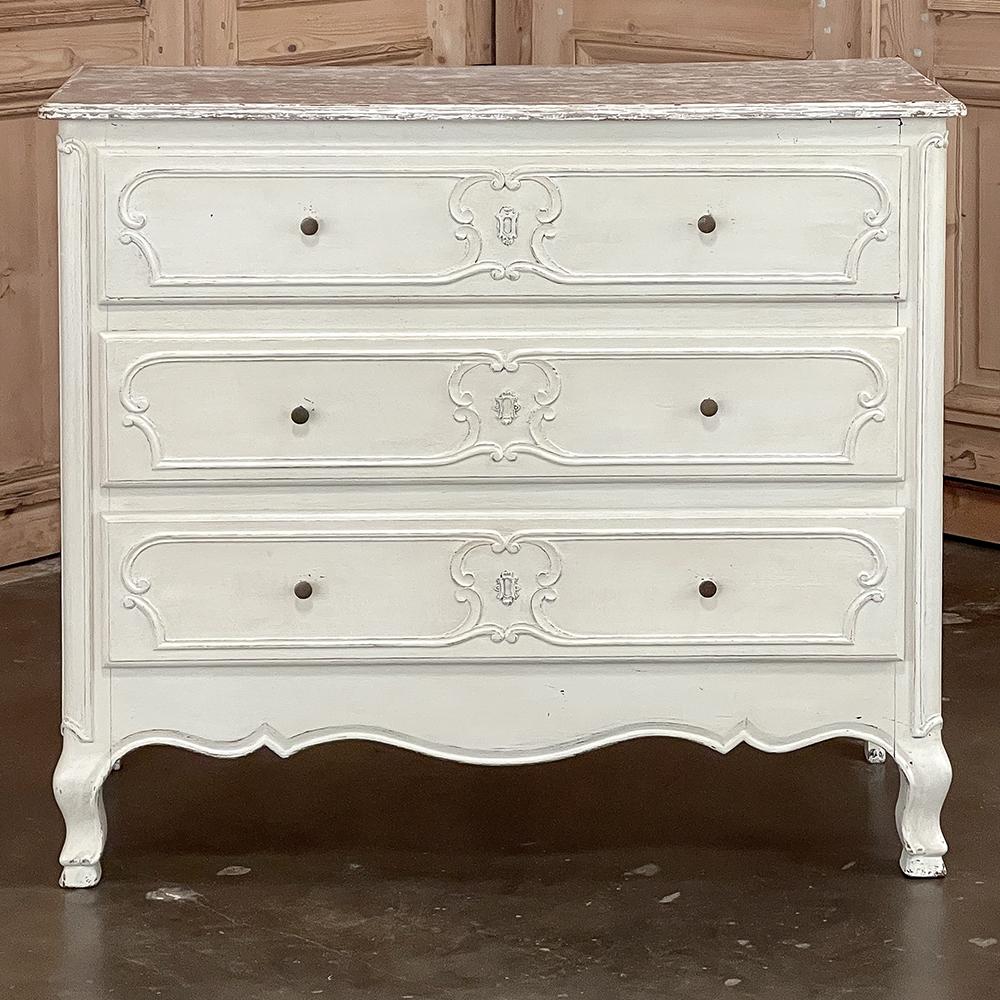 Antique Country French Painted Commode ~ Chest of Drawers features subtle styling and a beautiful patinaed painted finish that is perfect for today's casual decors. The top has been whitewashed and sealed for a contrasting effect, while the main