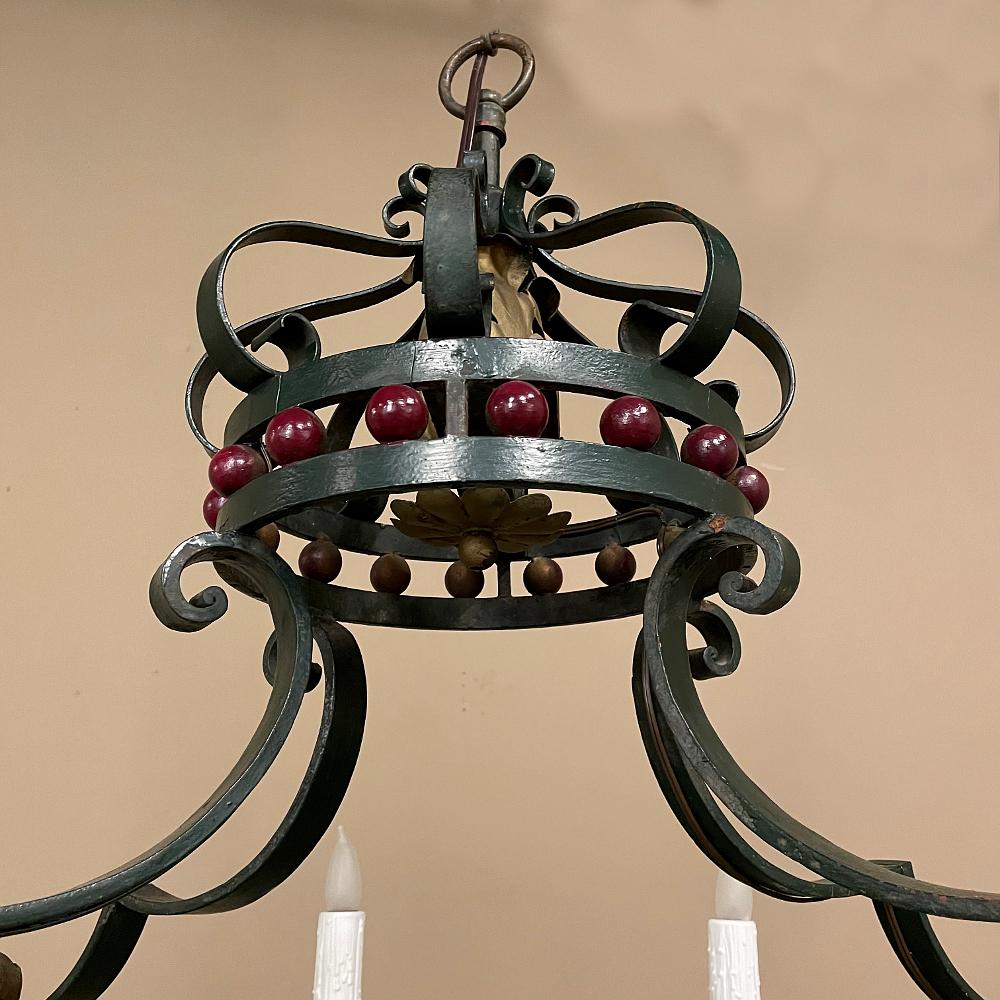 Antique Country French Painted Wrought Iron Chandelier For Sale 3