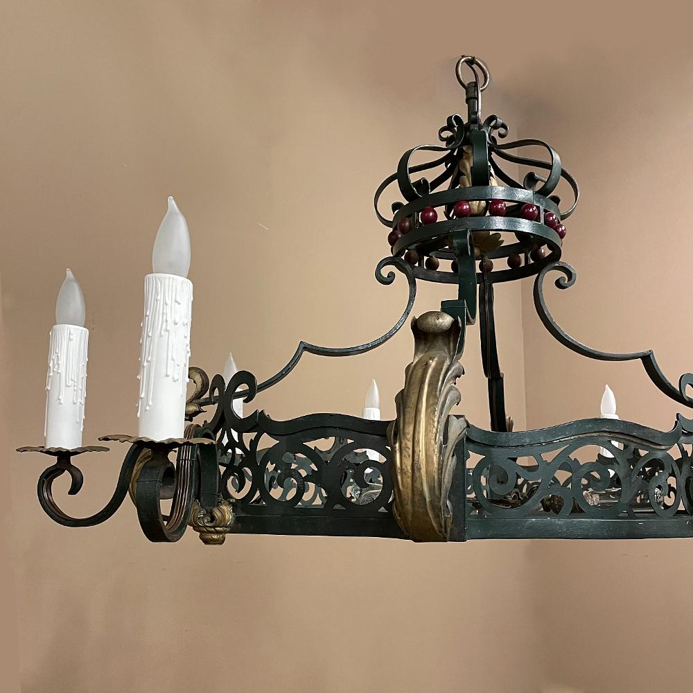 Antique Country French Painted Wrought Iron Chandelier For Sale 4