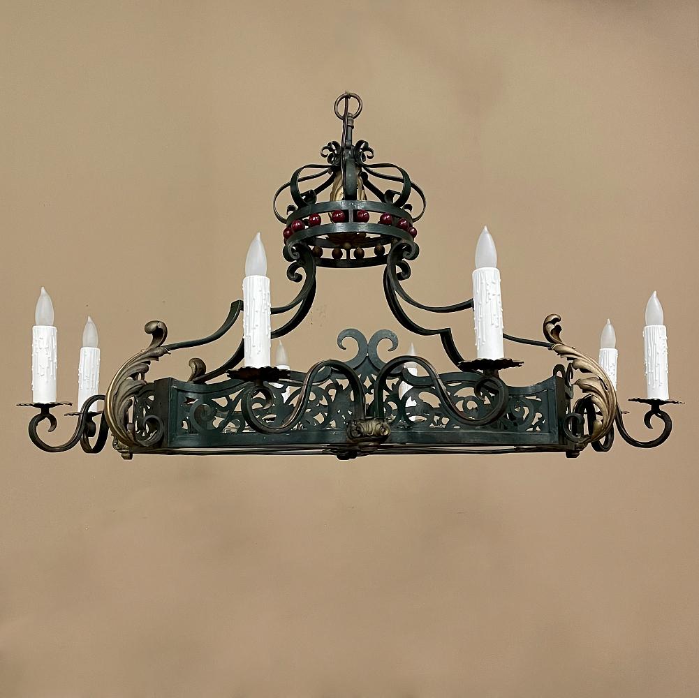 Hand-Crafted Antique Country French Painted Wrought Iron Chandelier For Sale