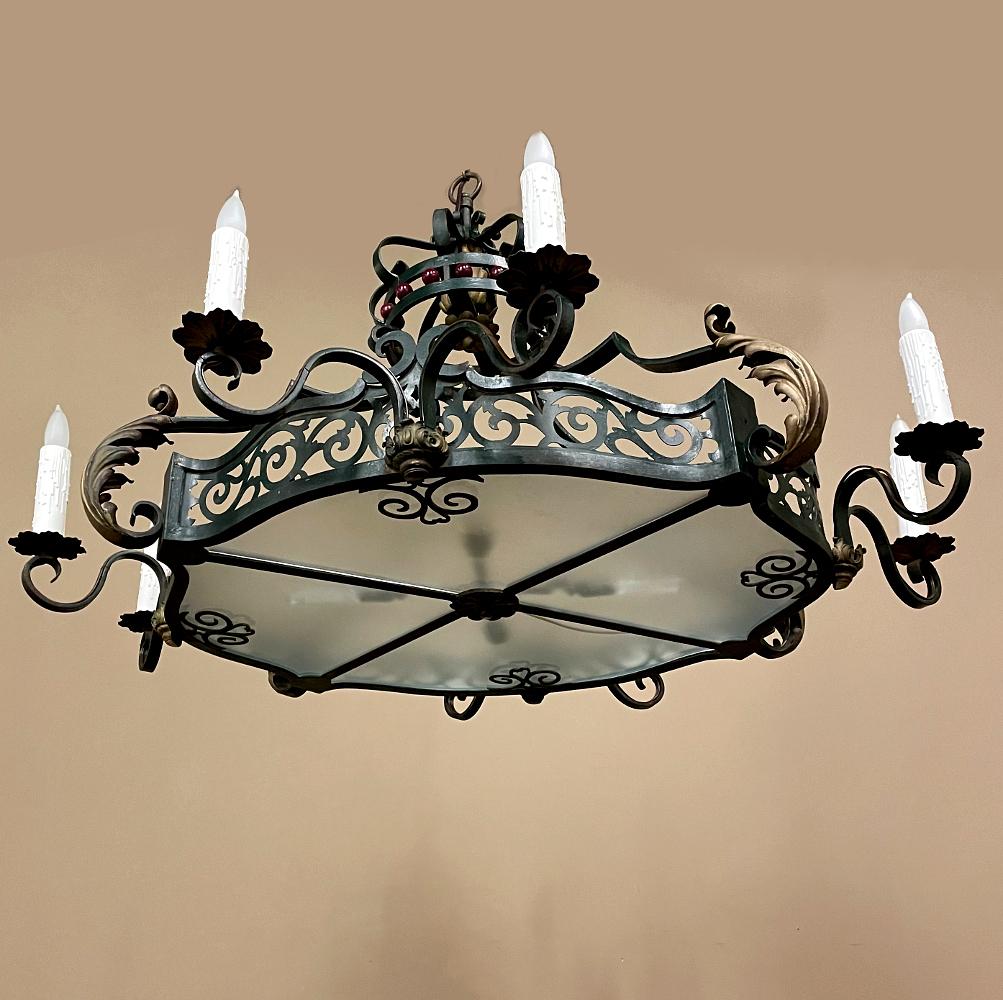 20th Century Antique Country French Painted Wrought Iron Chandelier For Sale