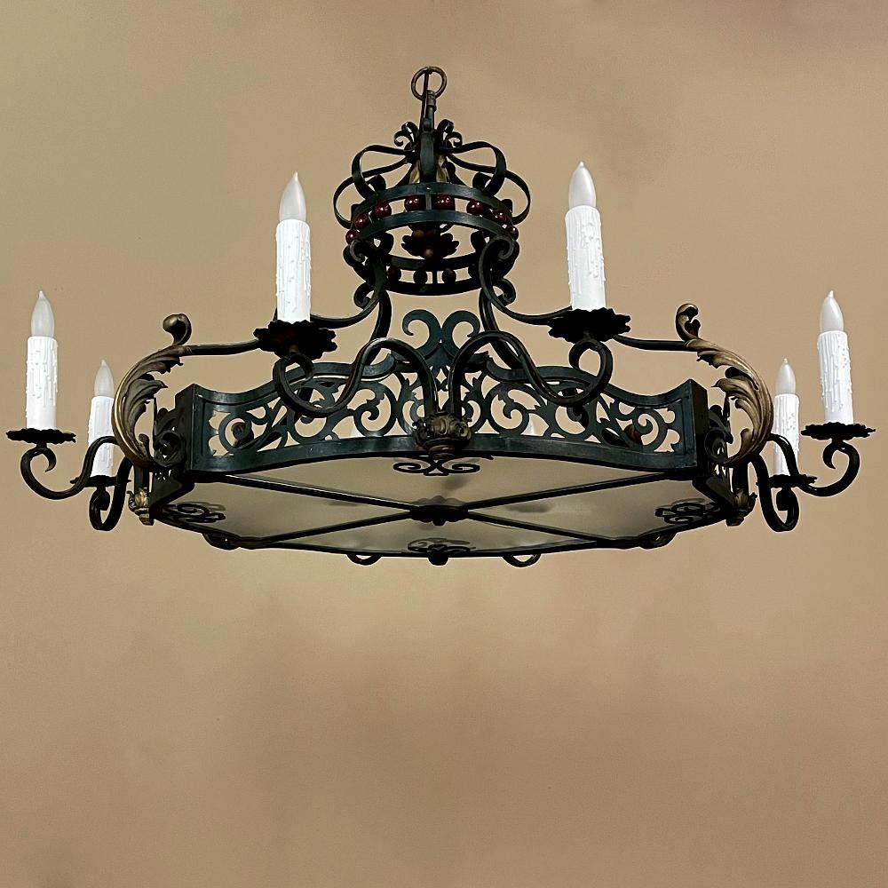 Smoked Glass Antique Country French Painted Wrought Iron Chandelier For Sale