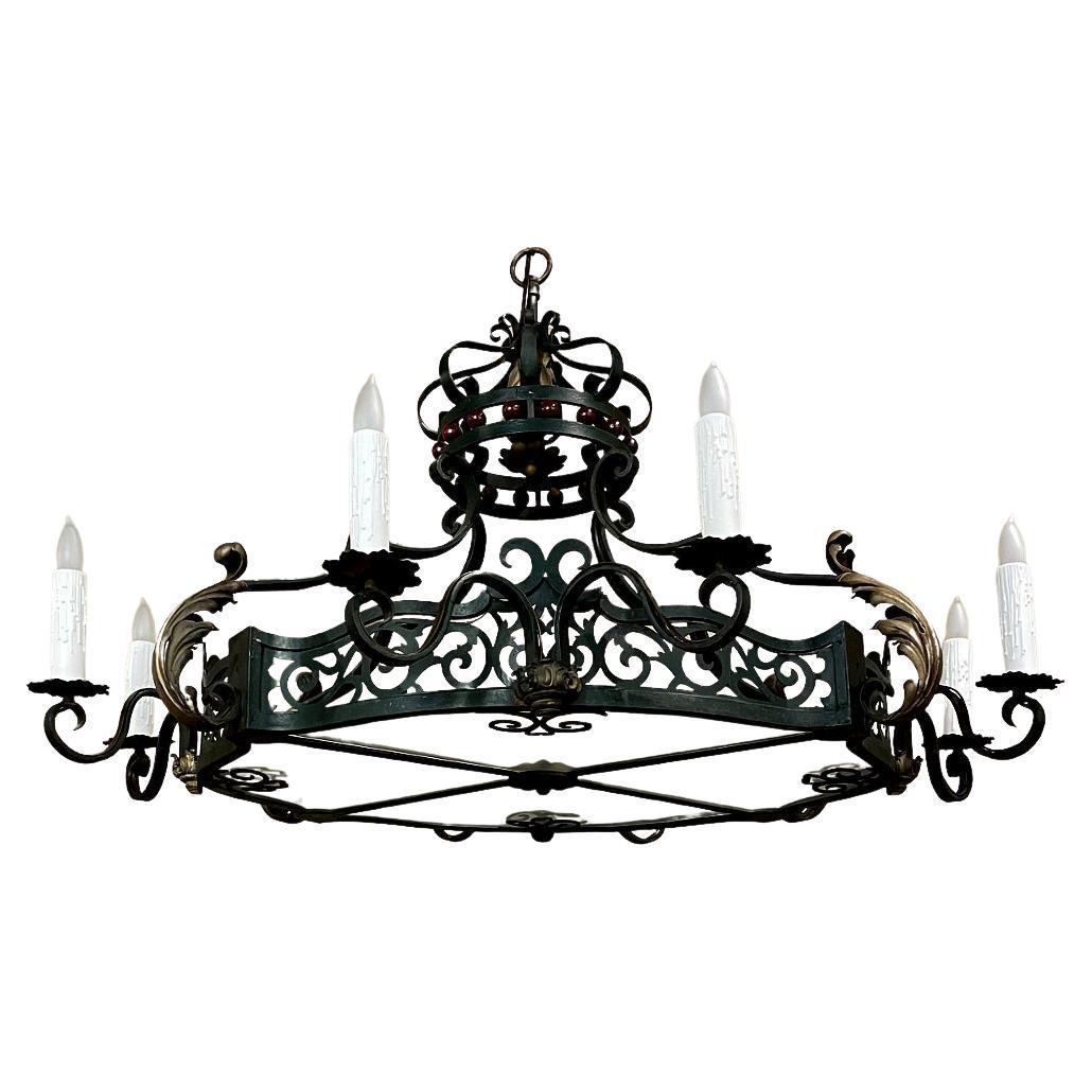 Antique Country French Painted Wrought Iron Chandelier For Sale