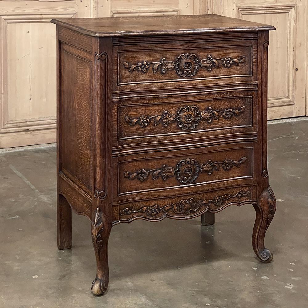 Antique Country French Petite Commode ~ Chest of Drawers is a charming piece perfect for a diminutive space, as a seating group accompaniment, or even a bedside companion! Sometimes called a lingerie chest, it features Classic French lines with