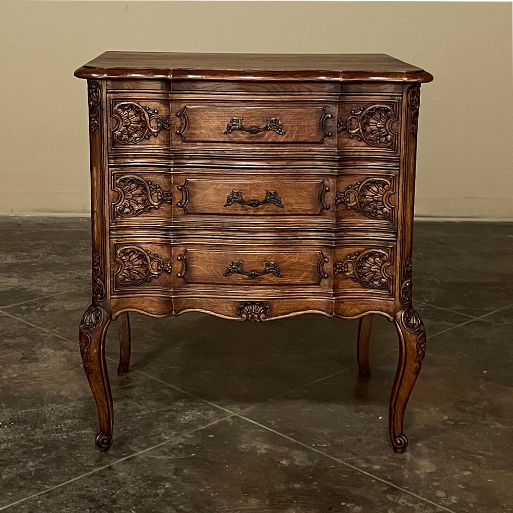 Antique Country French Petite Commode ~ nightstand exudes the quality that we have come to expect from Fine hand-made furniture from France! Solid oak was employed, even on the back panel, milled with chamfered edges and molded frameworks on the