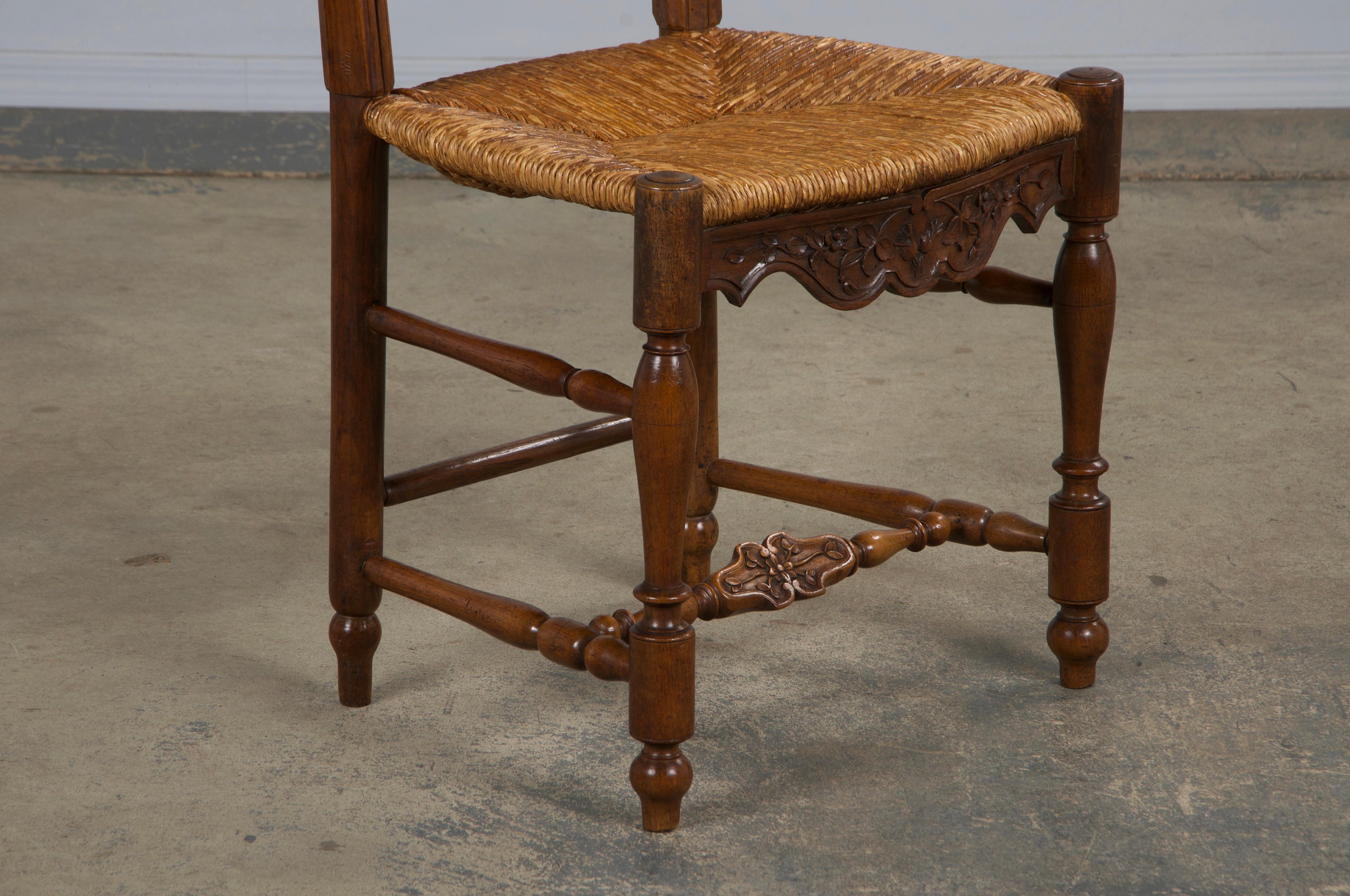 Six Antique French Provincial Ladder Back Walnut Dining Chairs W/ Rush Seats For Sale 5