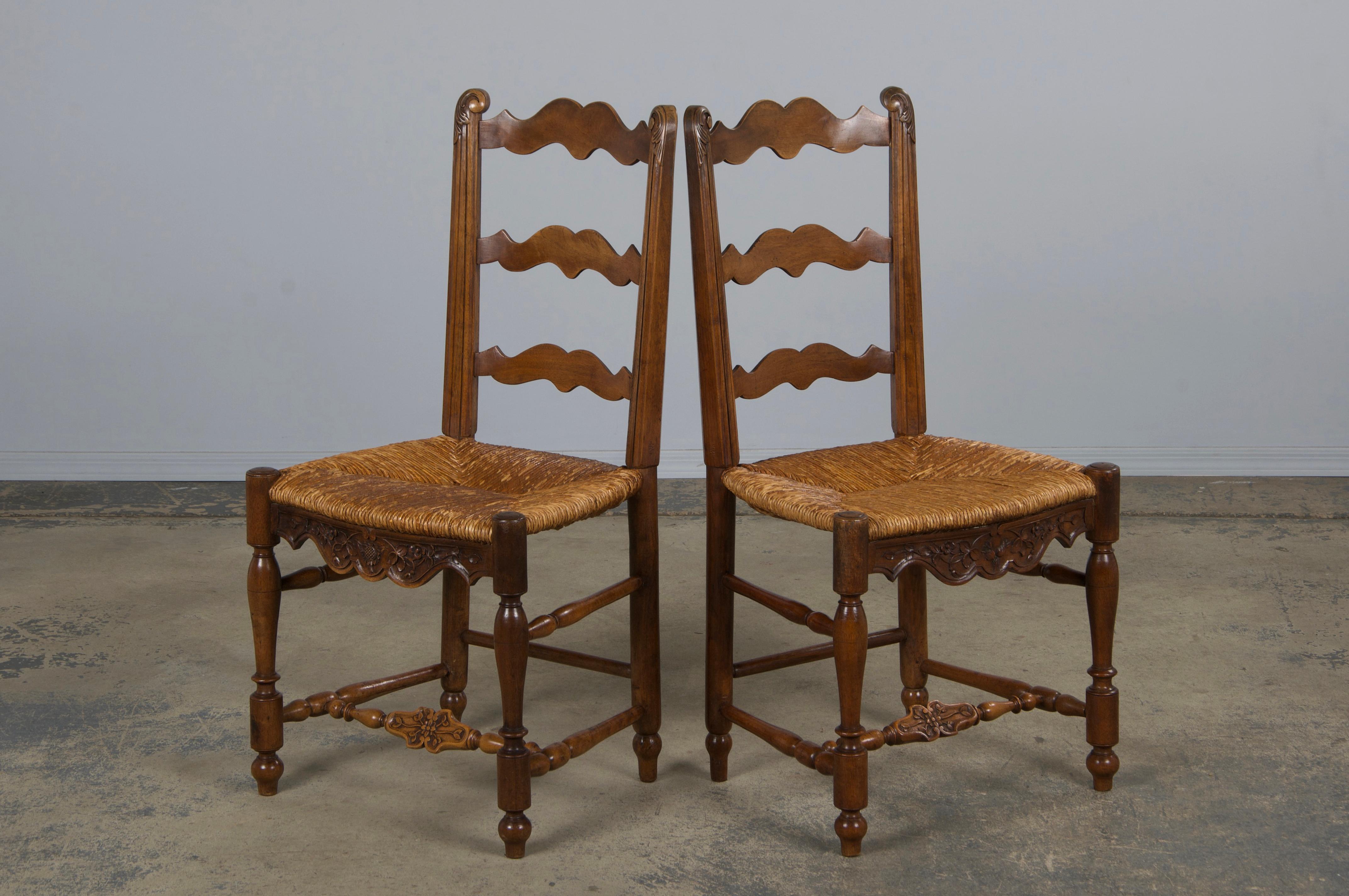 Six Antique French Provincial Ladder Back Walnut Dining Chairs W/ Rush Seats For Sale 8