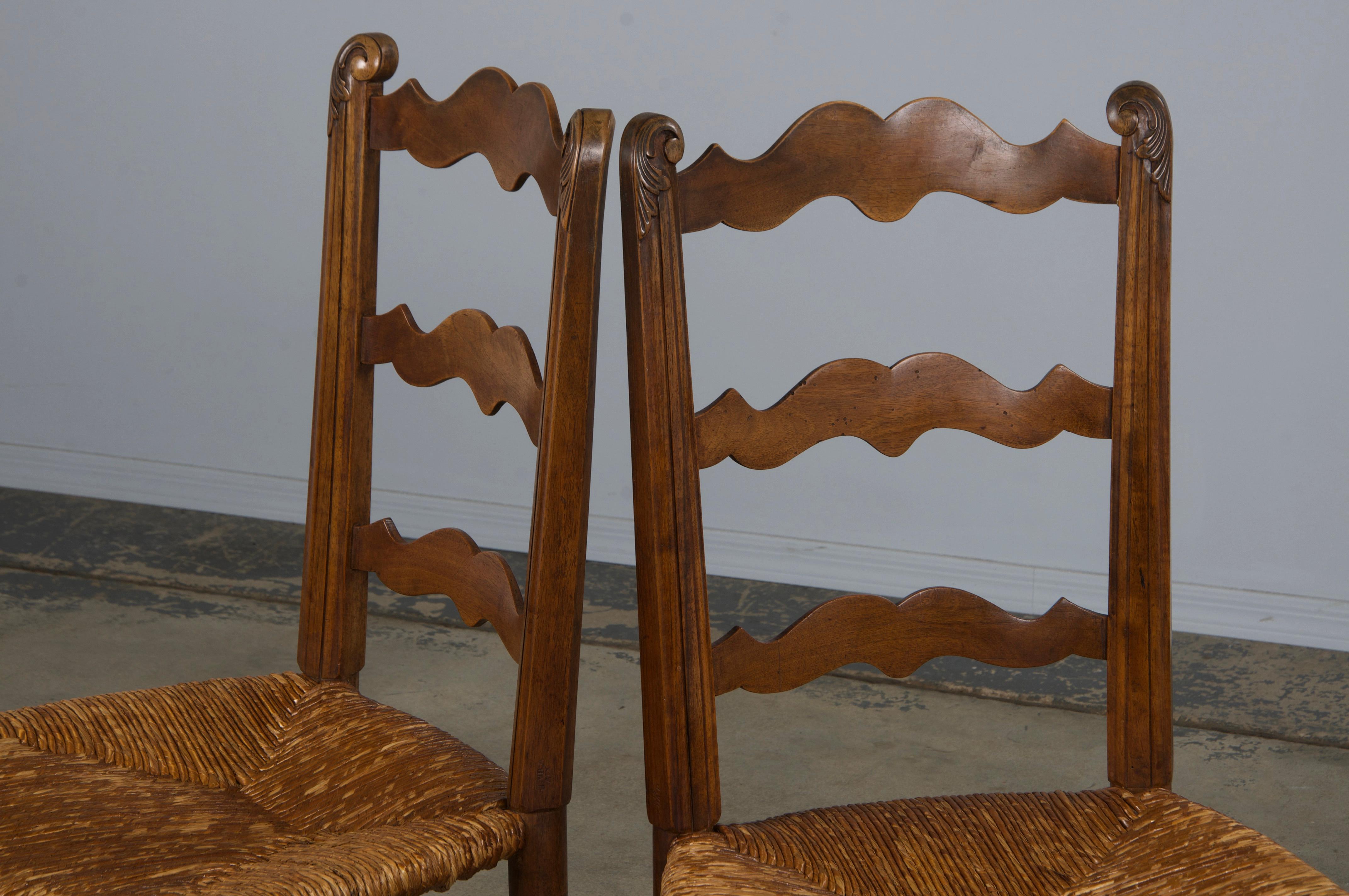 Six Antique French Provincial Ladder Back Walnut Dining Chairs W/ Rush Seats For Sale 9