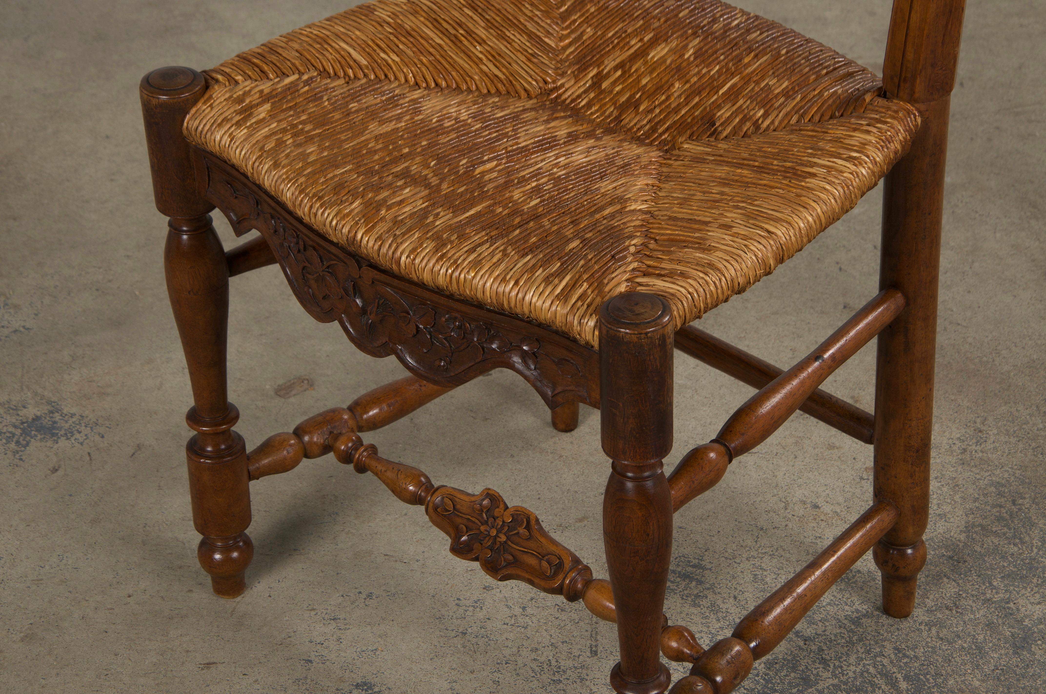 Six Antique French Provincial Ladder Back Walnut Dining Chairs W/ Rush Seats For Sale 11