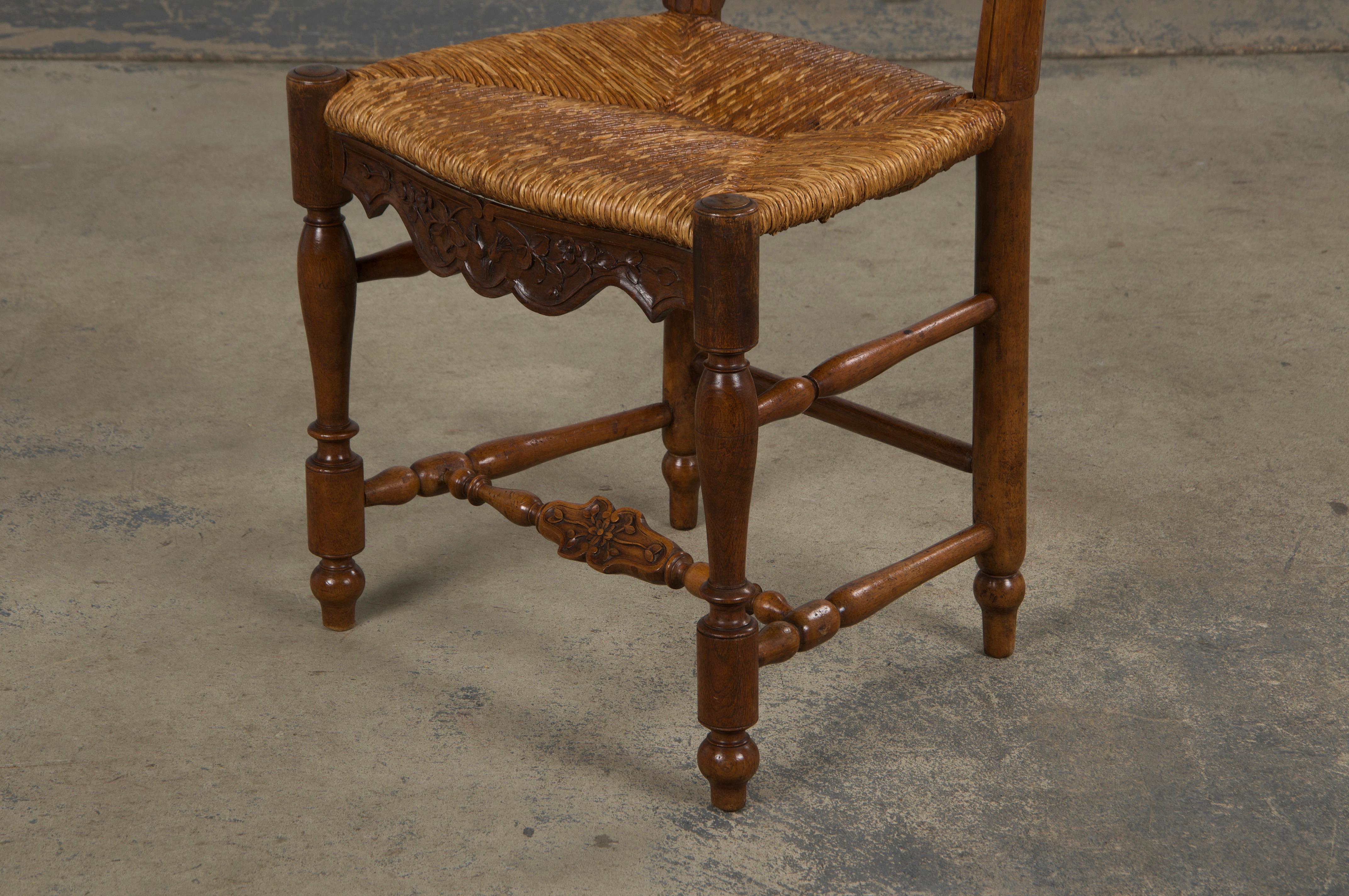 Six Antique French Provincial Ladder Back Walnut Dining Chairs W/ Rush Seats For Sale 12