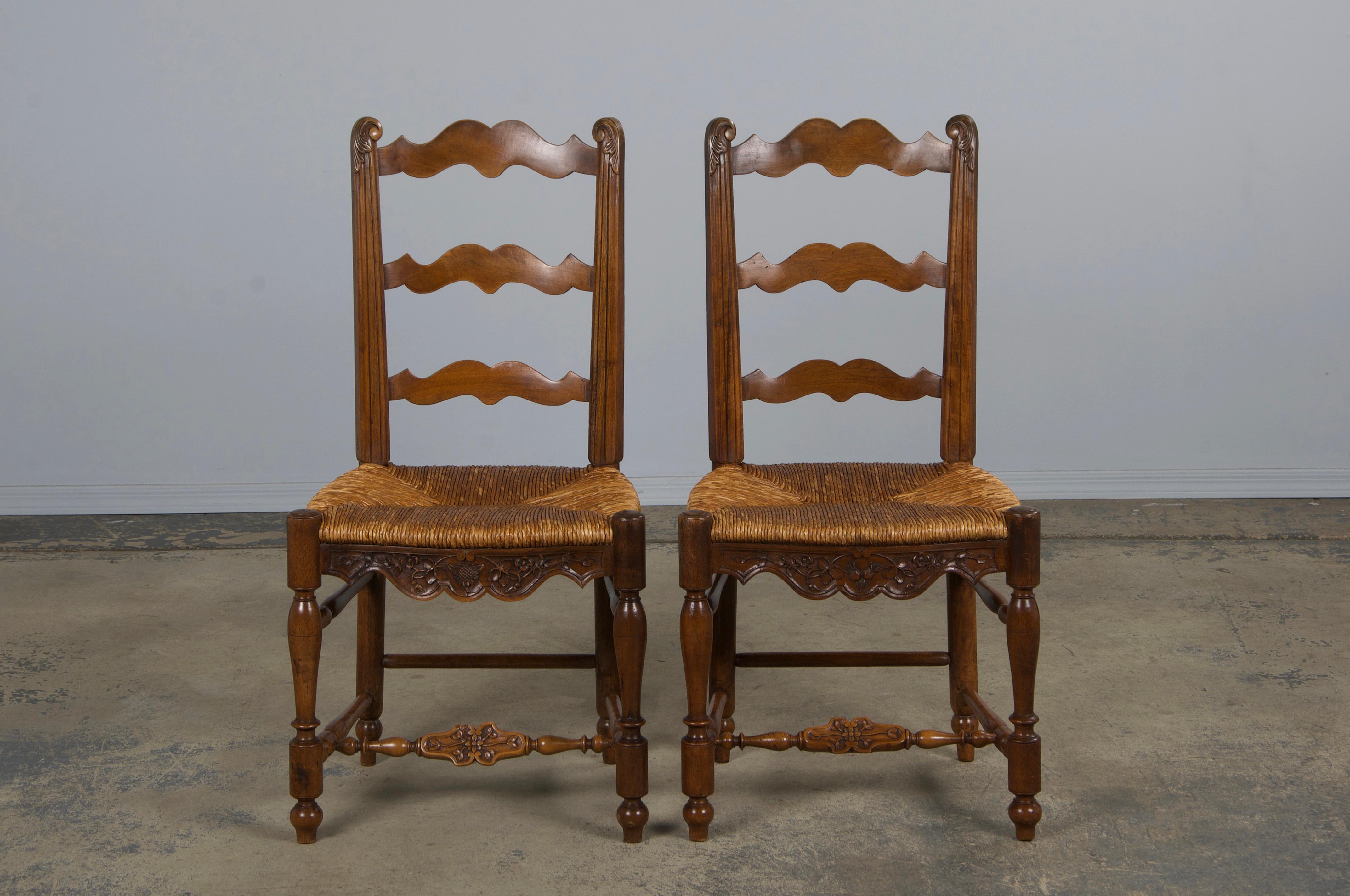 19th Century Six Antique French Provincial Ladder Back Walnut Dining Chairs W/ Rush Seats For Sale