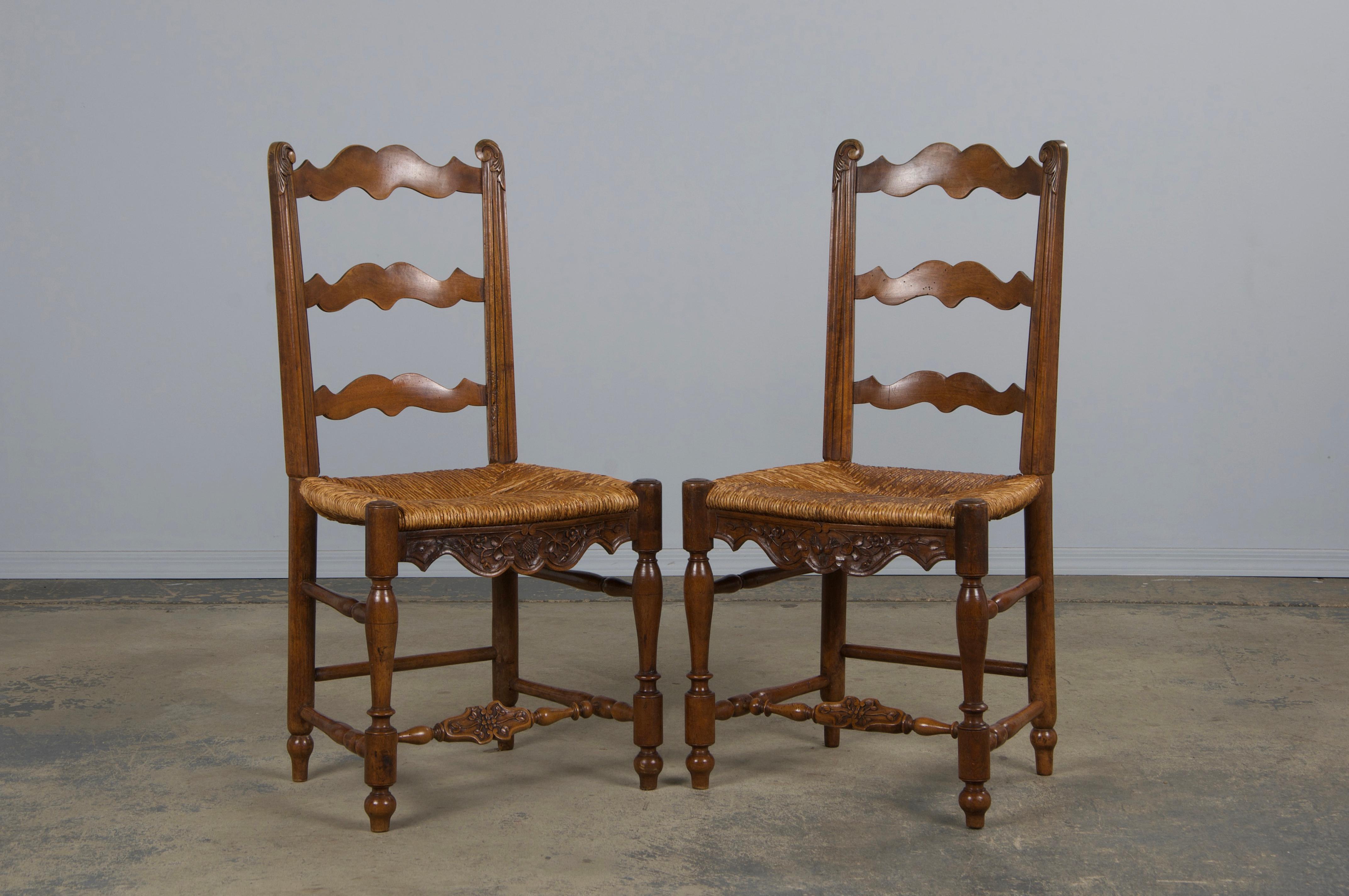 Six Antique French Provincial Ladder Back Walnut Dining Chairs W/ Rush Seats For Sale 1