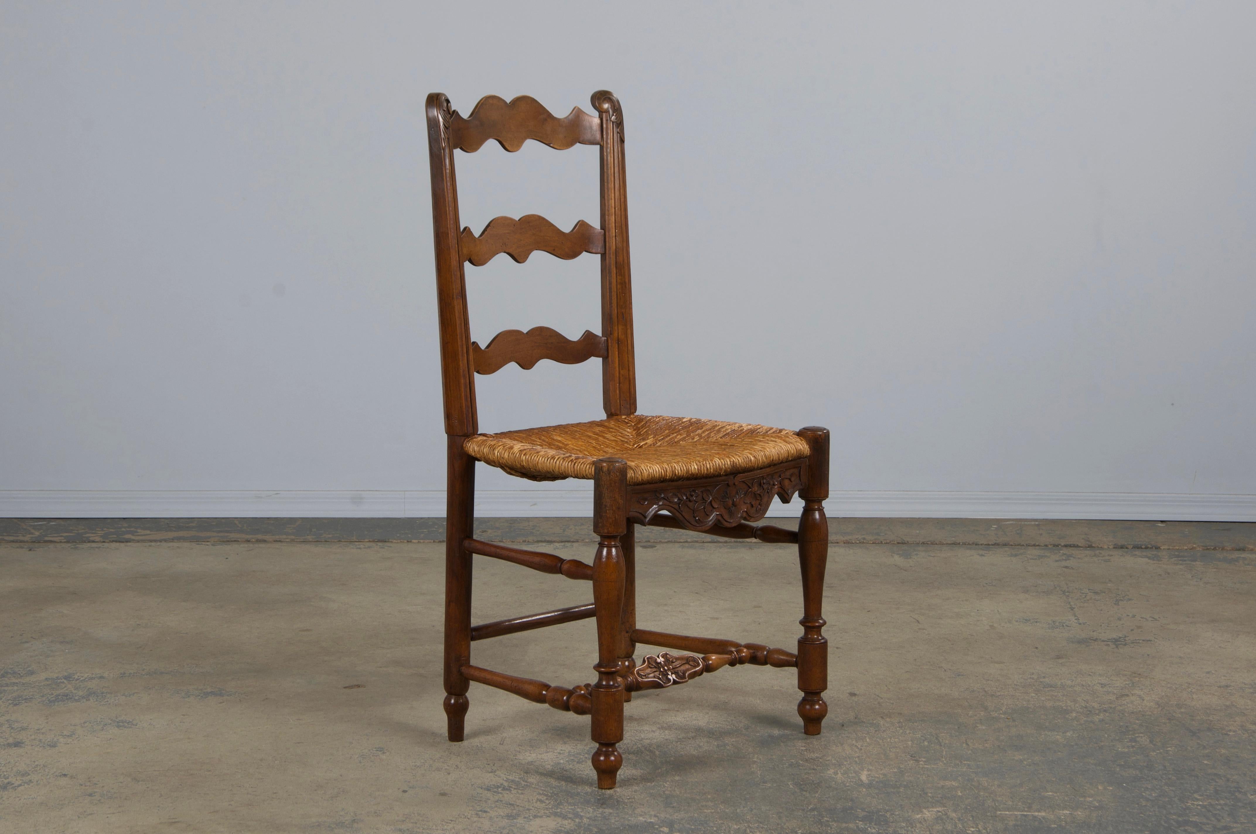 Six Antique French Provincial Ladder Back Walnut Dining Chairs W/ Rush Seats For Sale 2