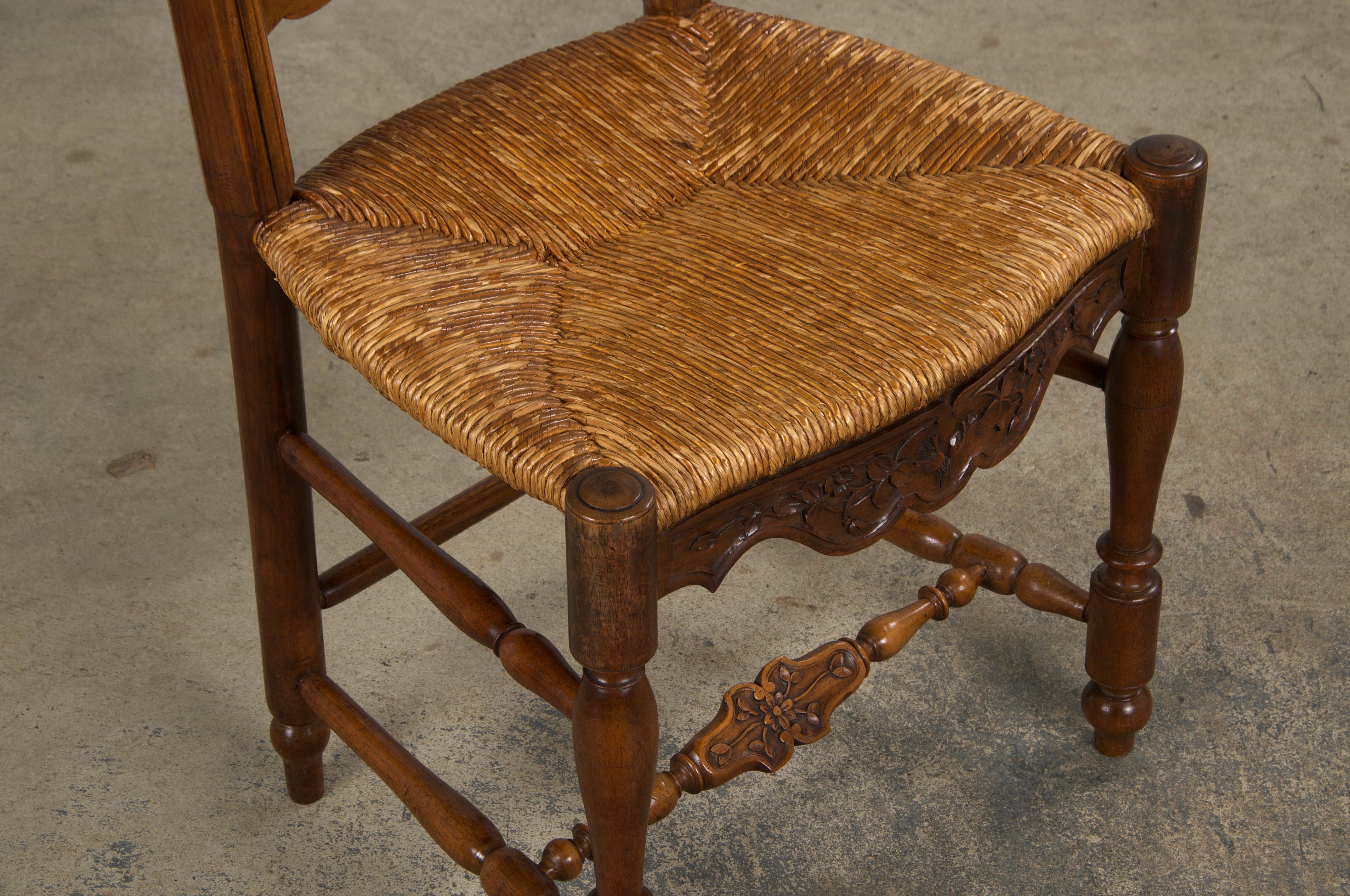 Six Antique French Provincial Ladder Back Walnut Dining Chairs W/ Rush Seats For Sale 4