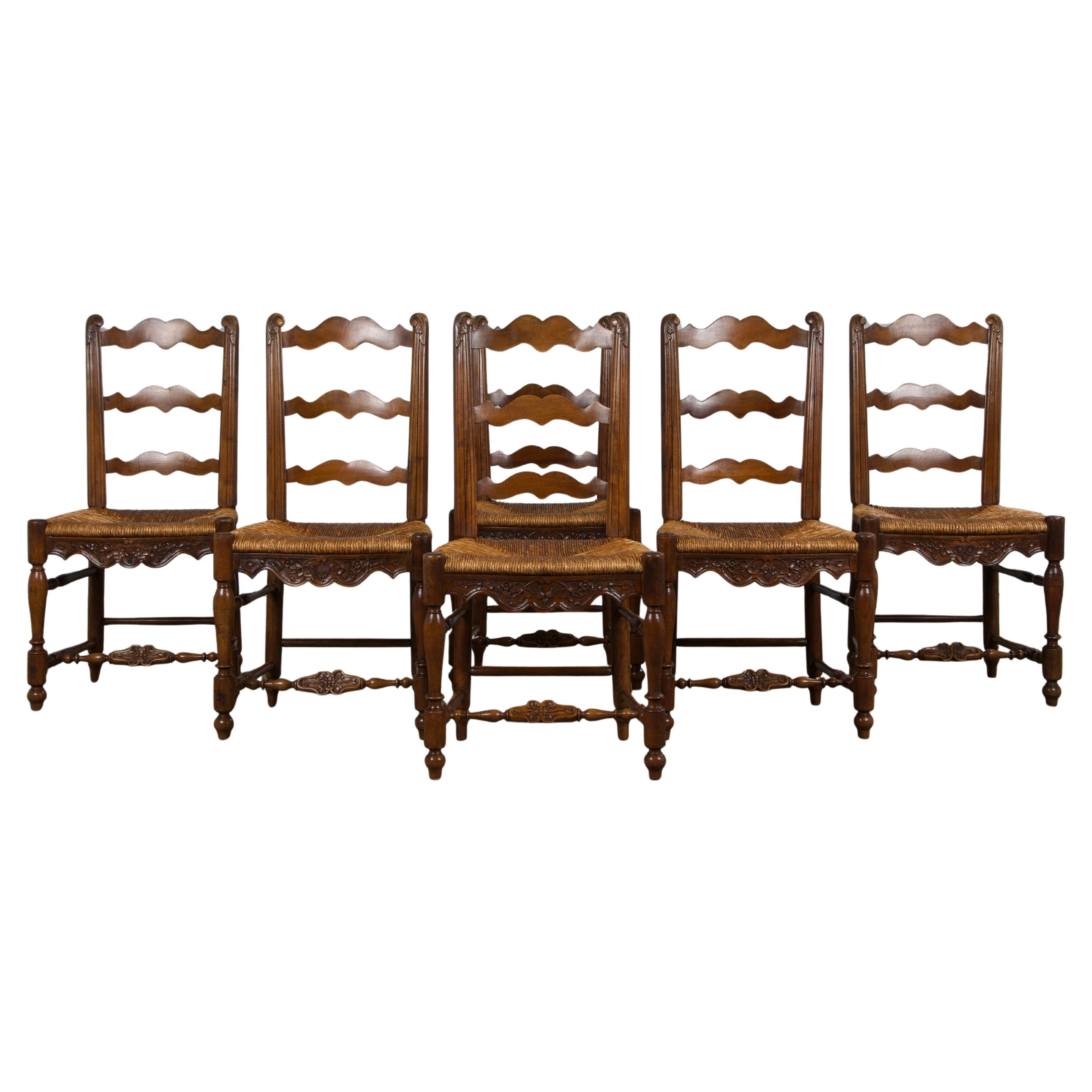 Six Antique French Provincial Ladder Back Walnut Dining Chairs W/ Rush Seats