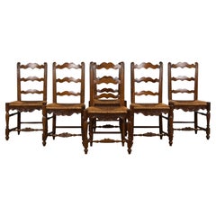 Six Antique French Provincial Ladder Back Walnut Dining Chairs W/ Rush Seats