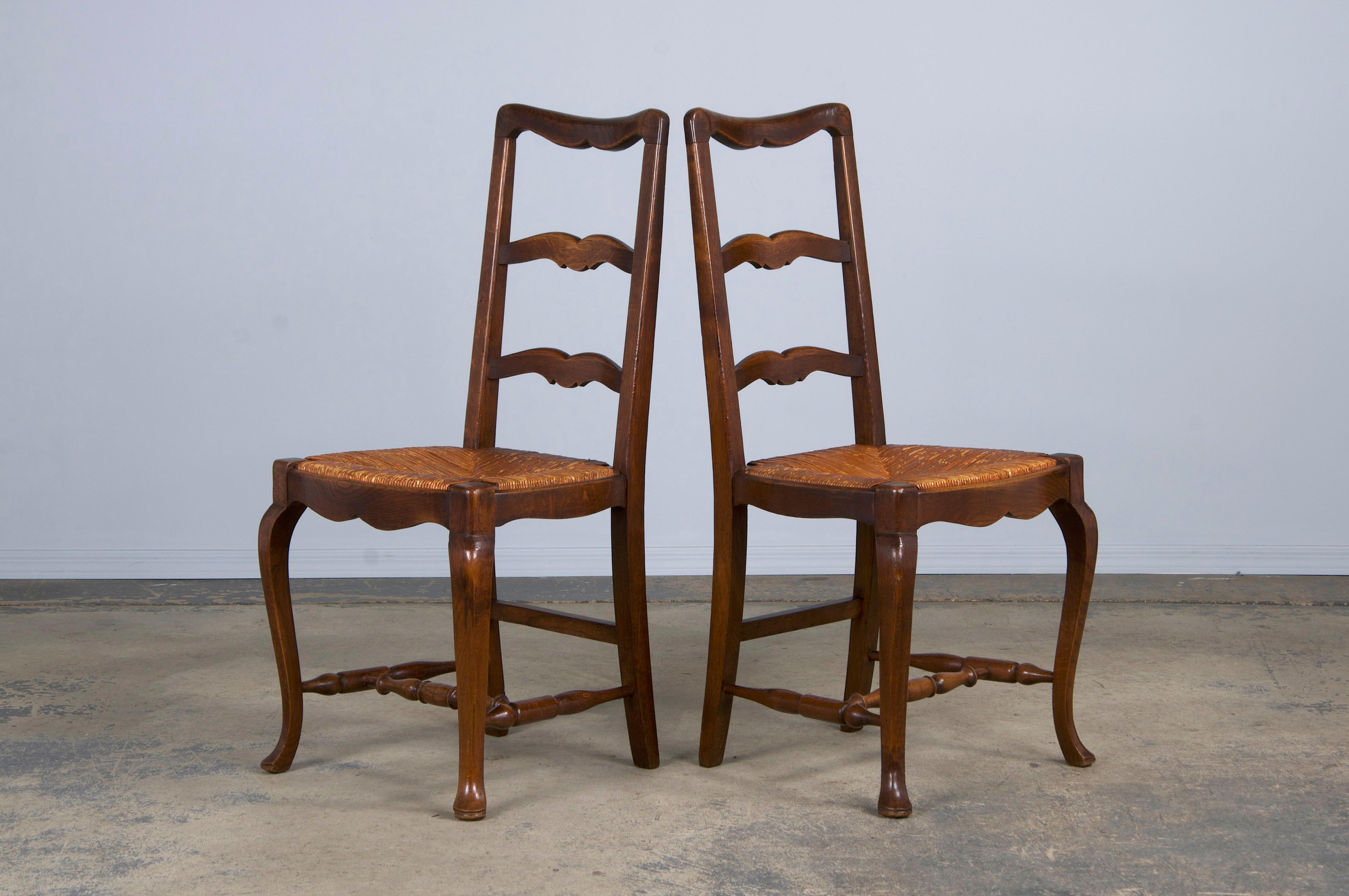 Antique Country French Provincial Oak Dining Chairs W/ Rush Seats - Set of 6 7