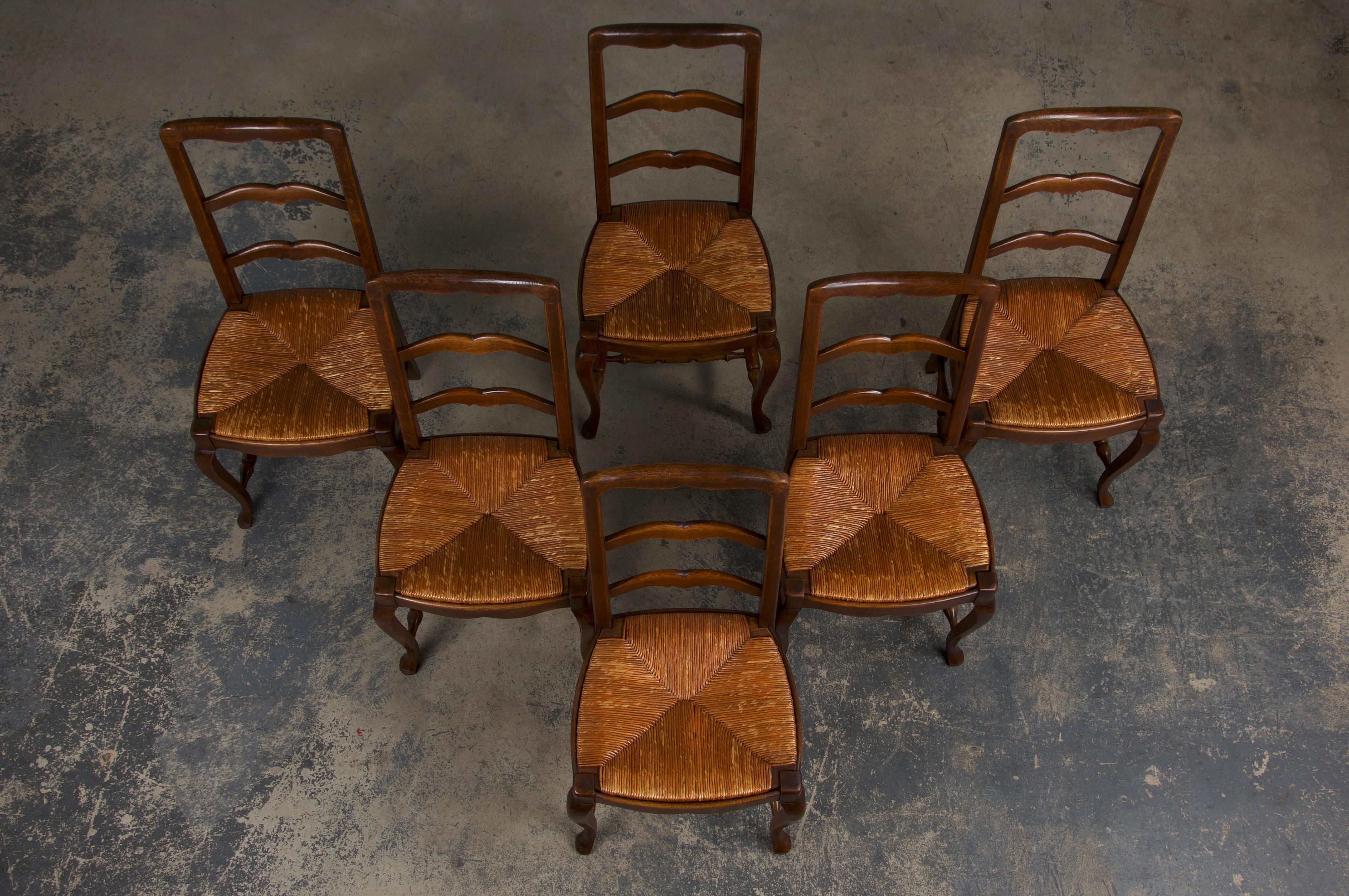 Hand-Carved Antique Country French Provincial Oak Dining Chairs W/ Rush Seats - Set of 6