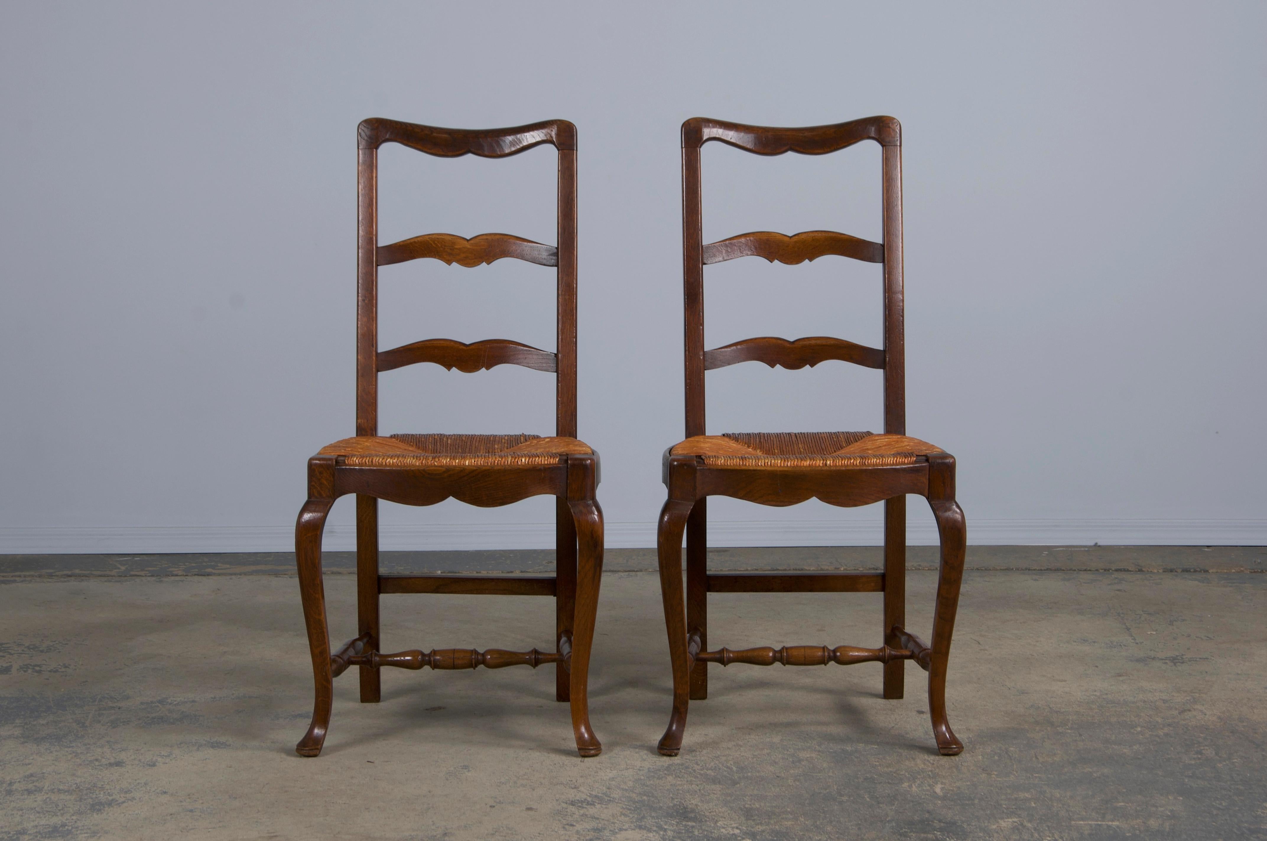 19th Century Antique Country French Provincial Oak Dining Chairs W/ Rush Seats - Set of 6