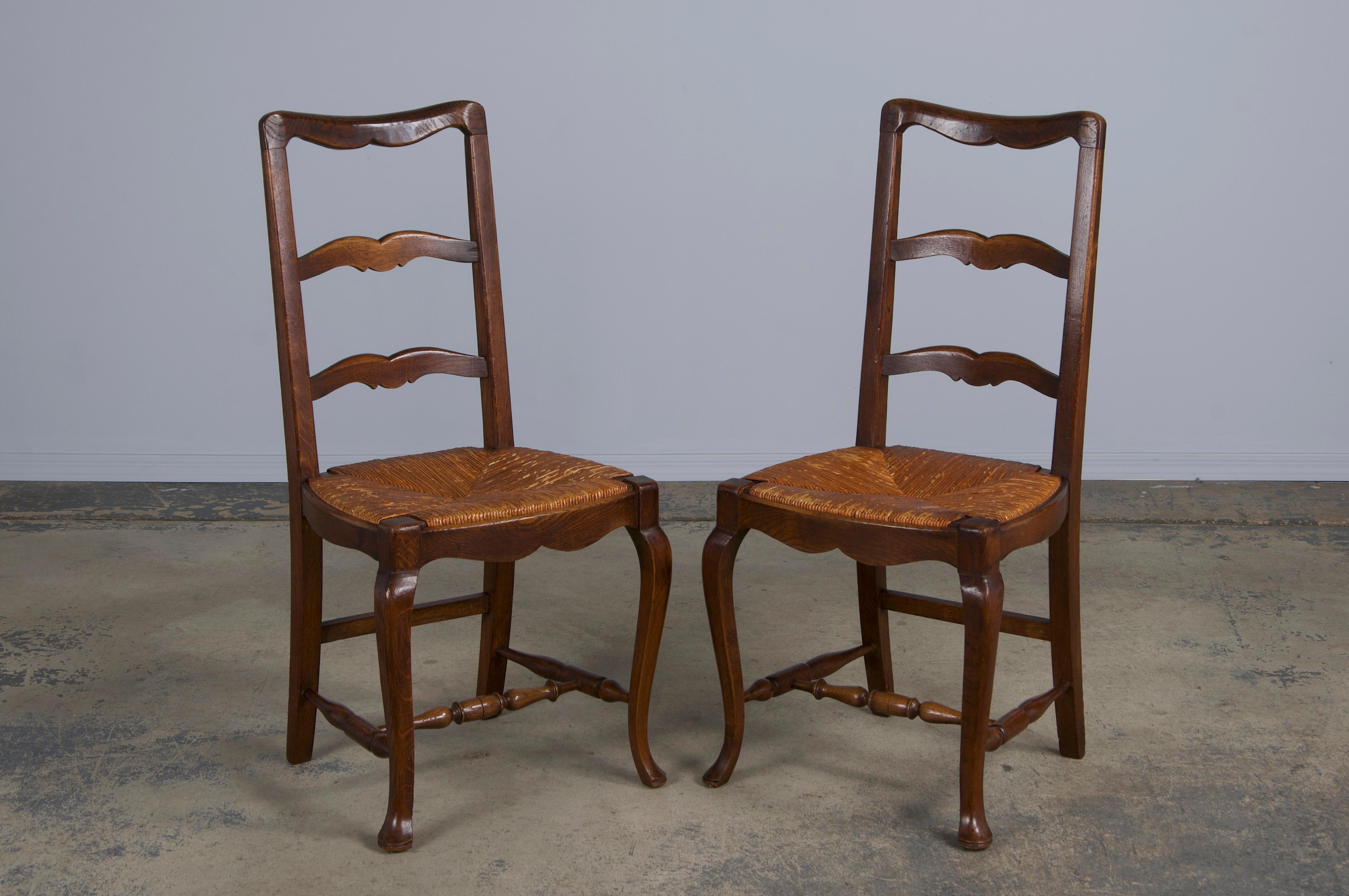 Antique Country French Provincial Oak Dining Chairs W/ Rush Seats - Set of 6 1