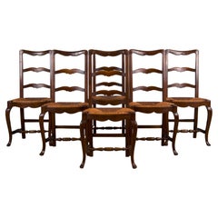Antique Country French Provincial Oak Dining Chairs W/ Rush Seats - Set of 6