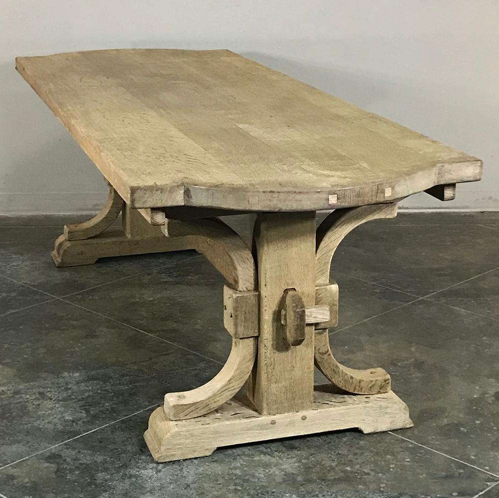 Antique Country French Provincial Stripped Oak Trestle Table In Good Condition In Dallas, TX
