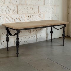 Antique Country French Stripped Oak and Hand Forged Iron Coffee Table