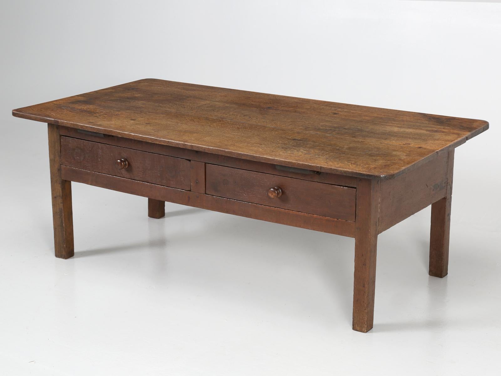 Antique Kitchen table, that was previously cut-down to a coffee table height. Hard to tell if this is English or French, but since we purchased the coffee table in France, we’ll go with French. The top consists of only three wide oak boards and