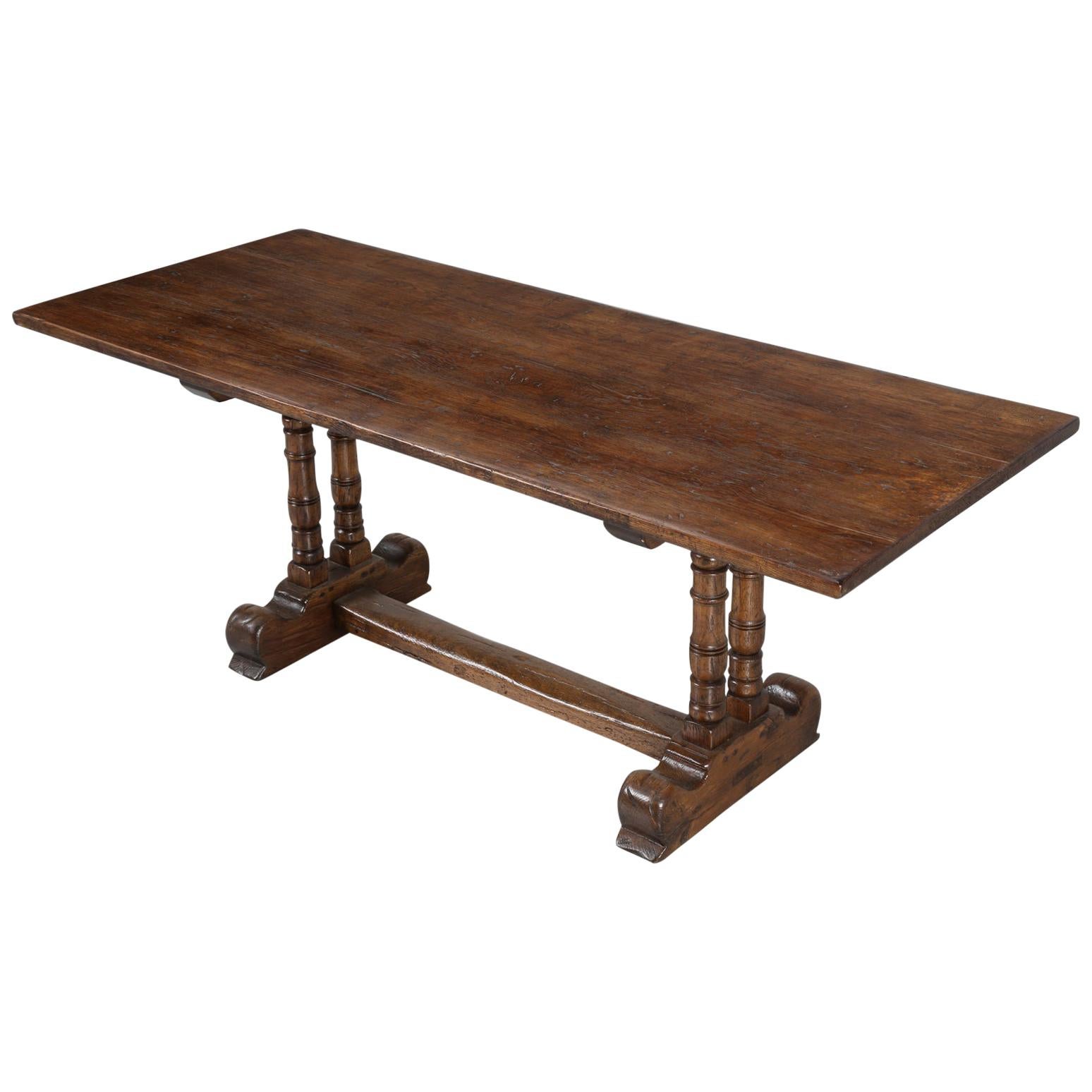 Antique Country French Trestle Dining Table in Solid Oak, circa 1700s