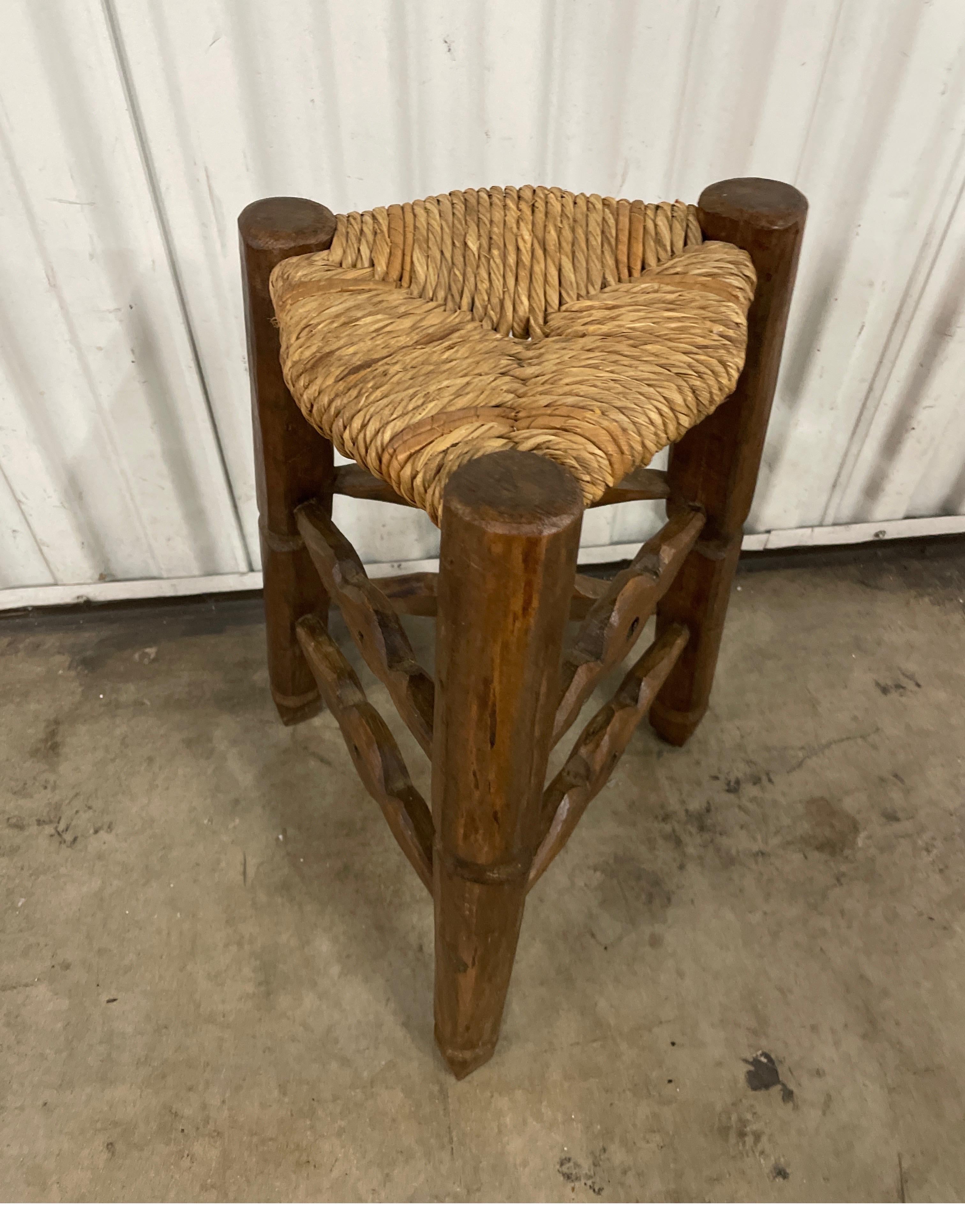Antique Country French Tripod Stool with Rush Seat In Good Condition For Sale In West Palm Beach, FL