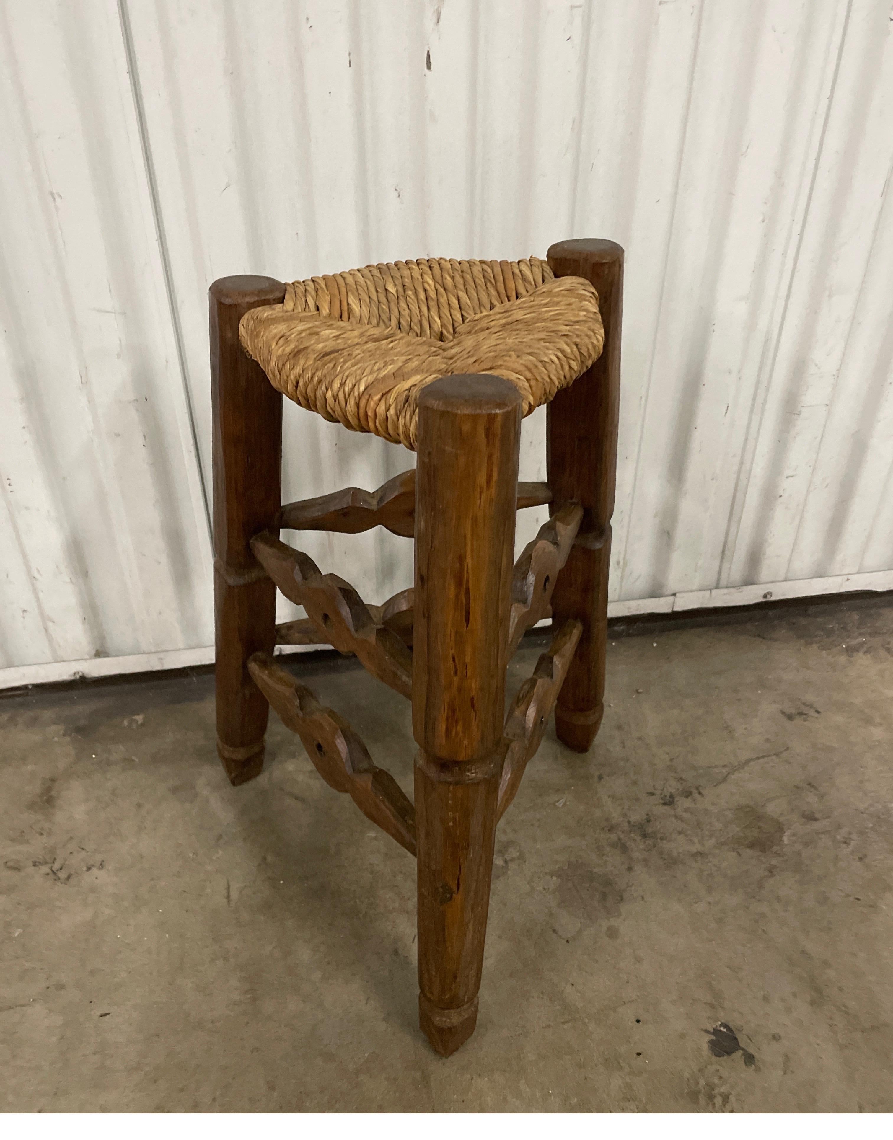 Antique Country French Tripod Stool with Rush Seat For Sale 2