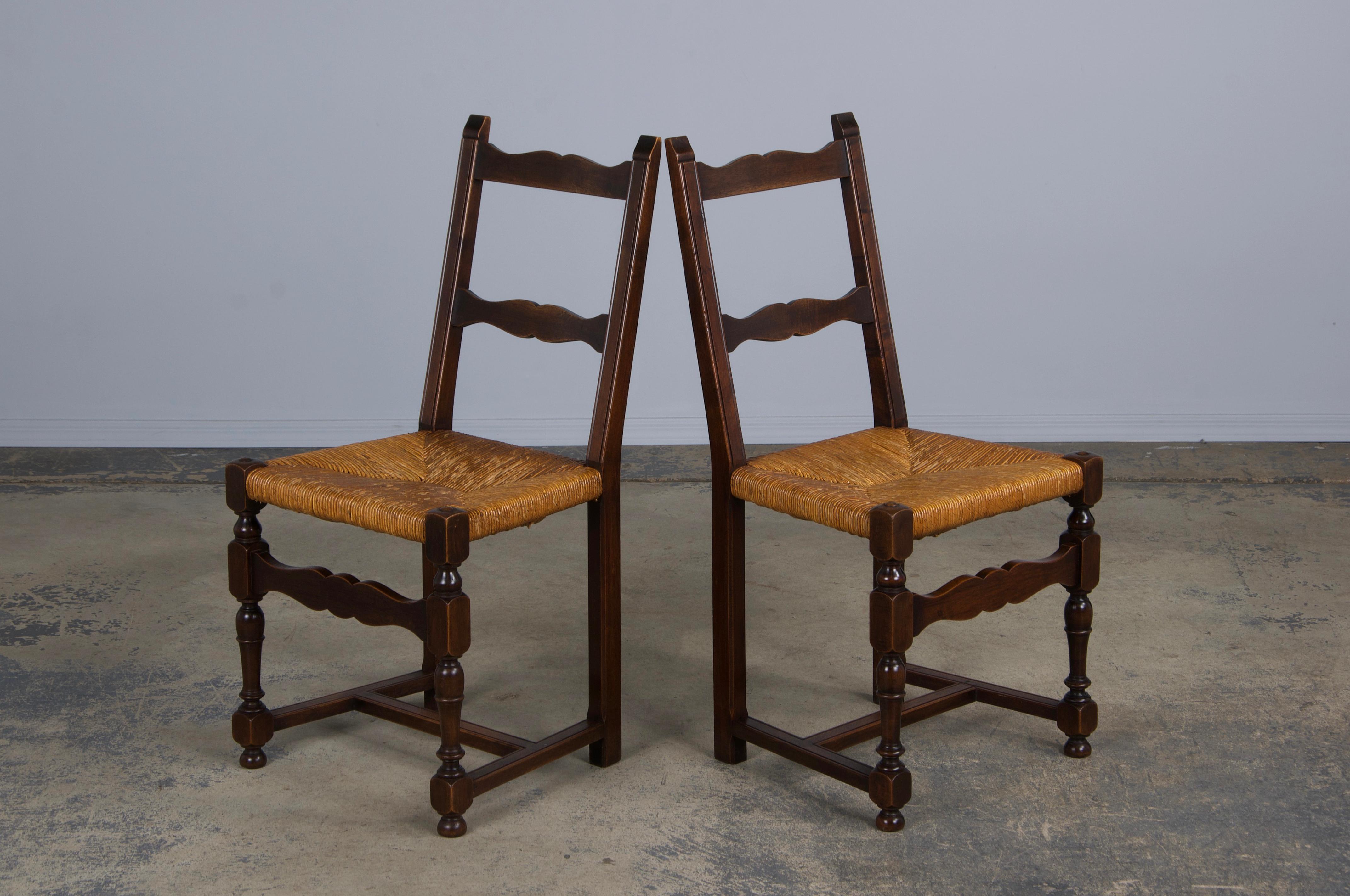 Antique French Walnut Ladder Back Rush Seats Dining Chairs - Set of 8 5