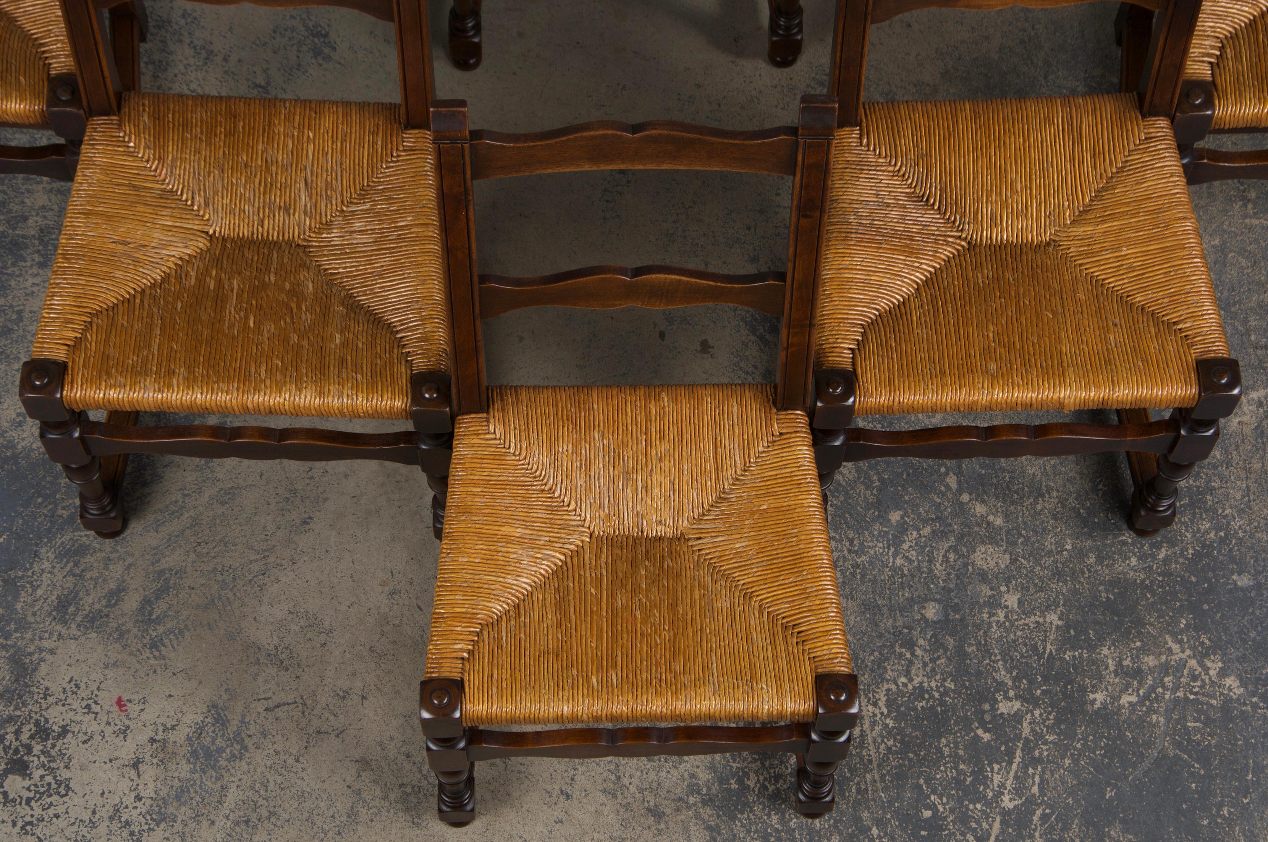 Francese Antique French Walnut Ladder Back Rush Seats Dining Chairs - Set of 8