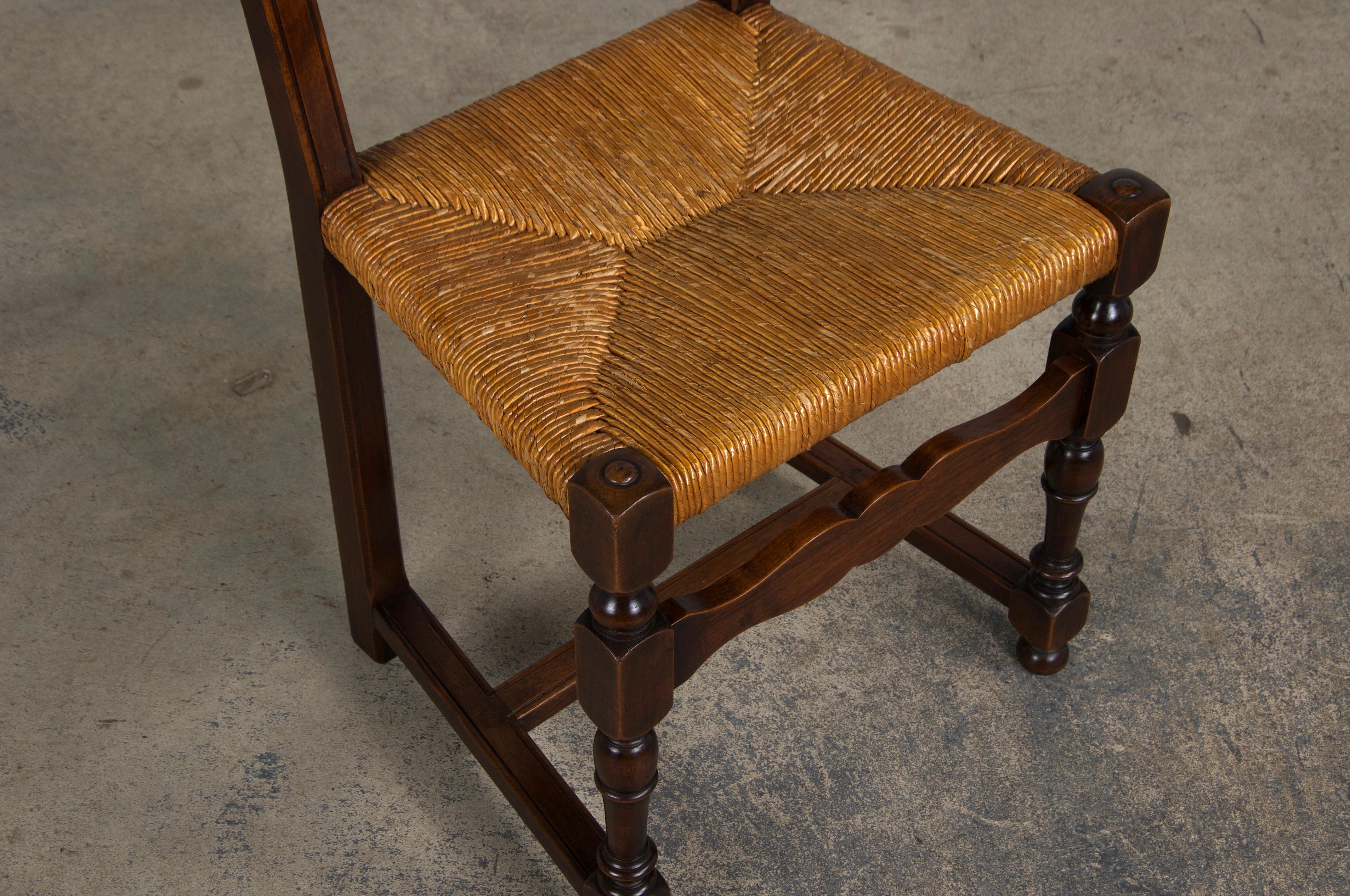 Giunco Antique French Walnut Ladder Back Rush Seats Dining Chairs - Set of 8