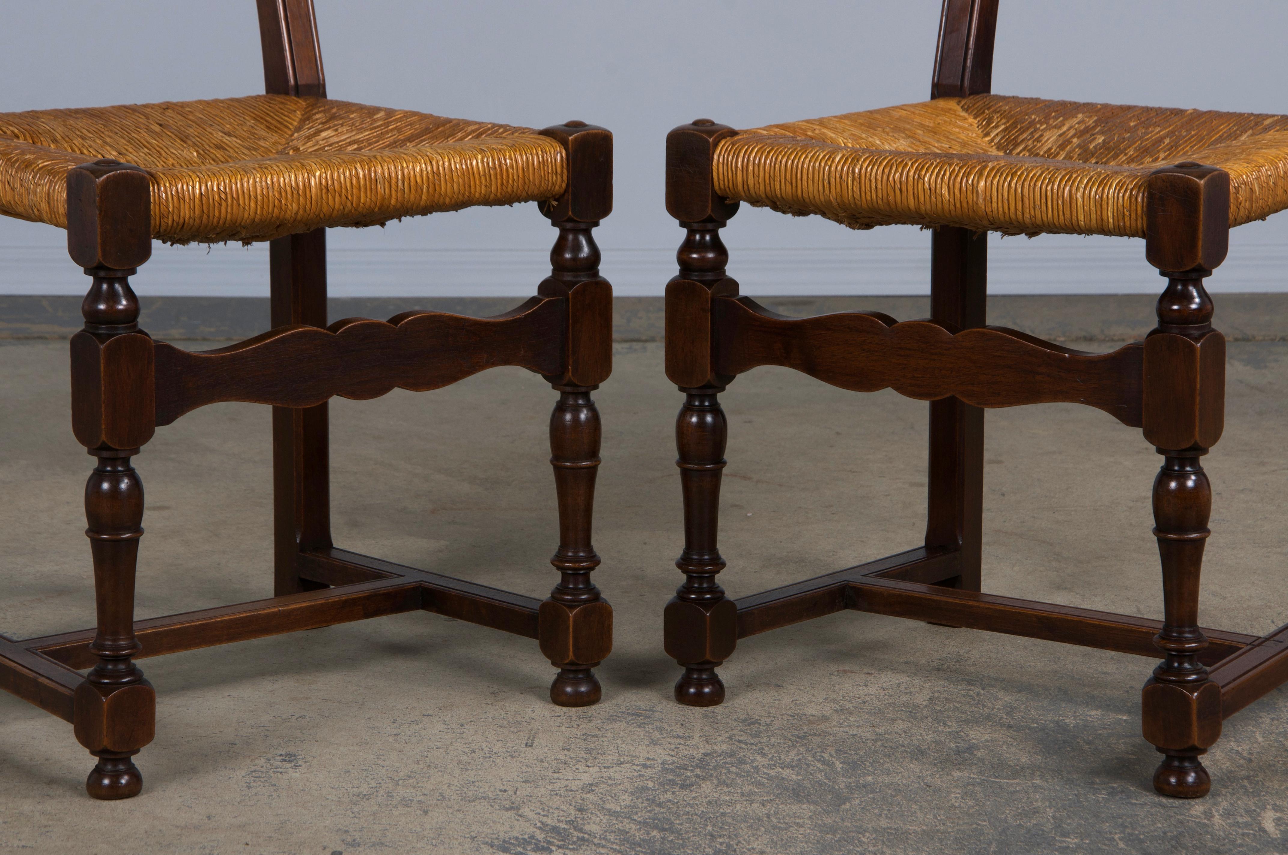 Antique French Walnut Ladder Back Rush Seats Dining Chairs - Set of 8 1