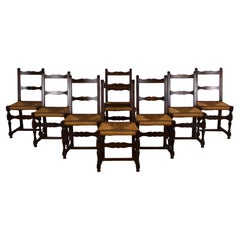 Antique Country French Walnut Ladder Back Rush Seats Dining Chairs - Set of 8